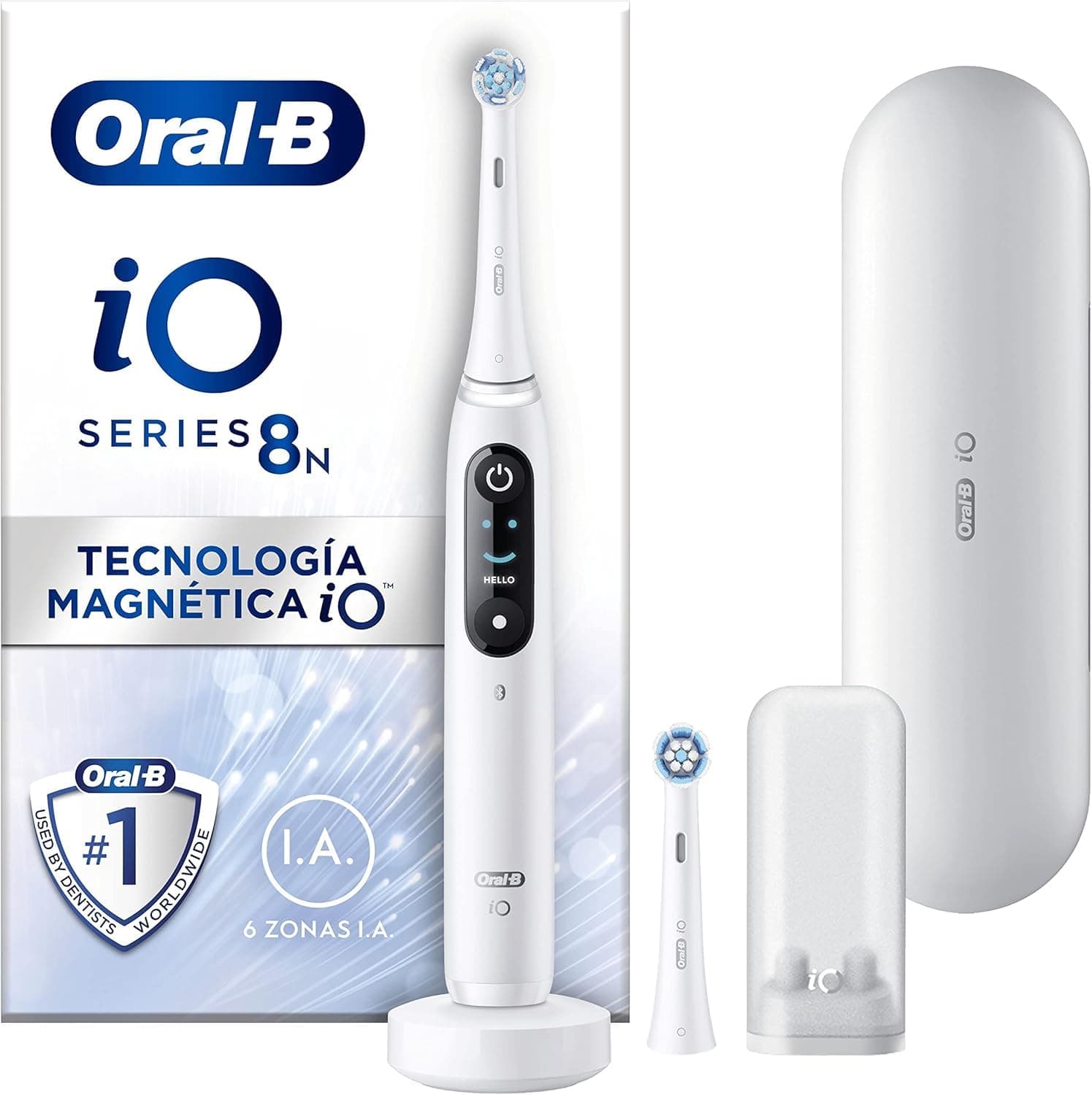 Oral-B iO 8N Cepillo de Dientes Eléctrico con 2 Cabezales y 1 Estuche de Viaje, Diseñado por Braun, Regalos Orginales - Blanco
