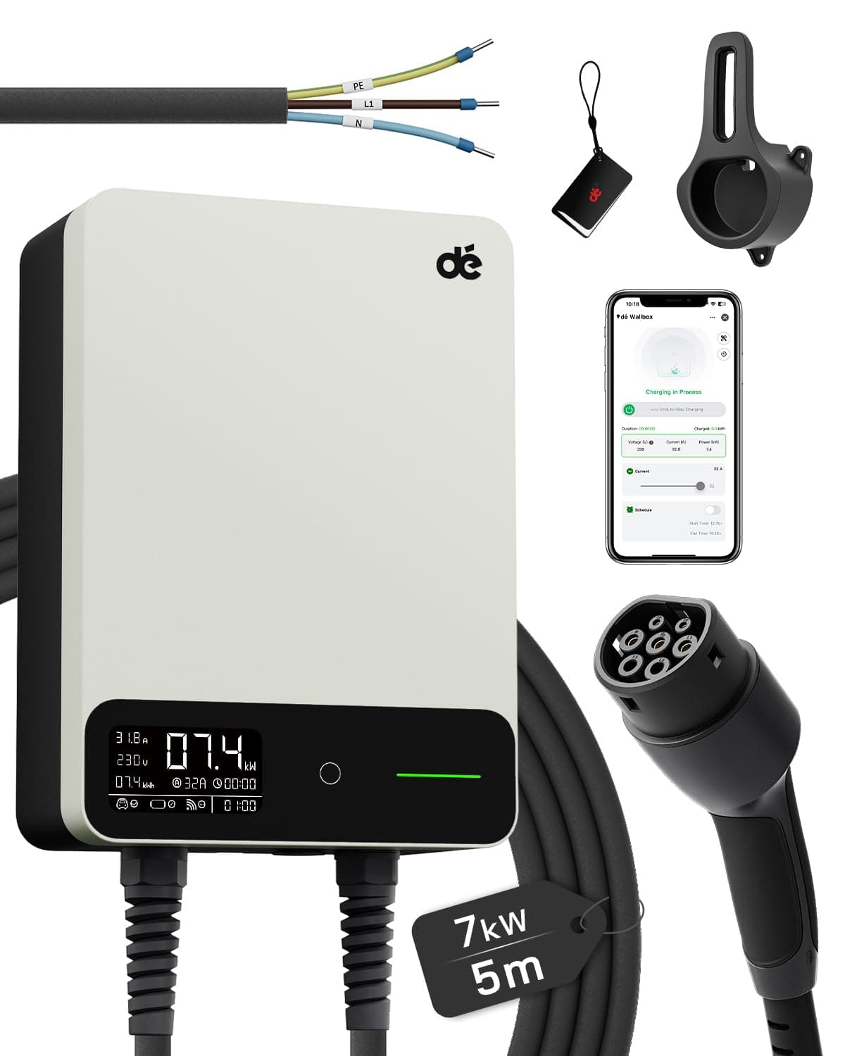 dé Wallbox 7,4 kW Monofásico con App, Cable Tipo 2 de 5 m, RFID, Cargador Coche Eléctrico 7,4 kW 6–32 A 230 V, con RCD Tipo A 30 mA CA + 6 mA CC, IP54, para Model Y/3 y Otros BEV/PHEV, Blanco | Wallbox 7kw tipo 2 monofásico, IP54, RFID, 6-32A (230V), salida diferida 0,5-8 h, RCD tipo A 30mA AC + 6mA DC, Blanco