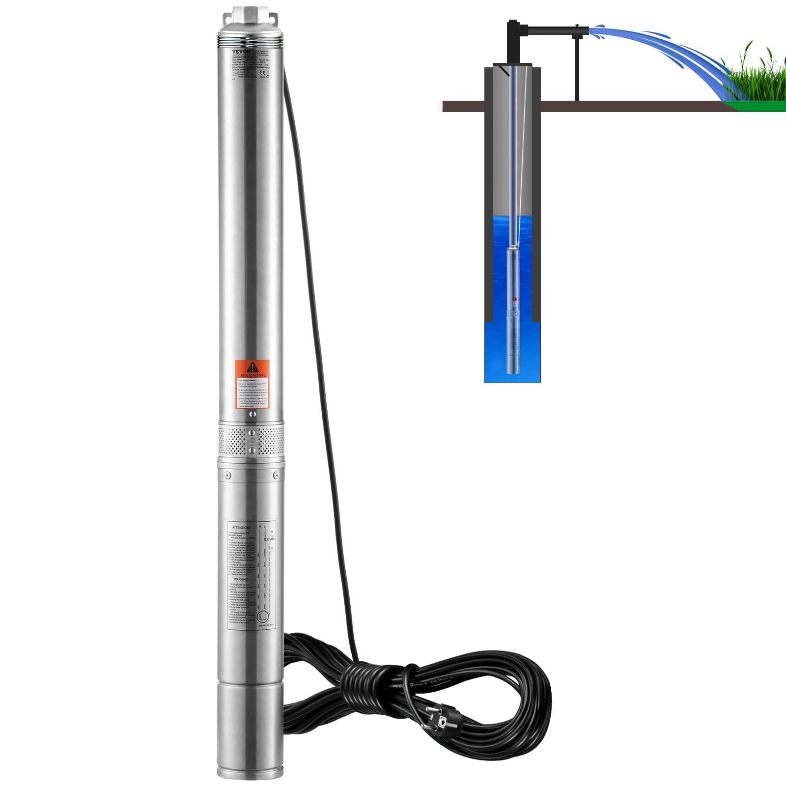 VEVOR Pompe Immergée pour Puits Profond, 1500 W, Pompe à Eau en Acier Inoxydable, Débit 9,8 m³/h, 108 m, avec Cordon Électrique 9,1 m, Pompe Étanche IP68 pour Usage Domestique, Irrigation Industrielle