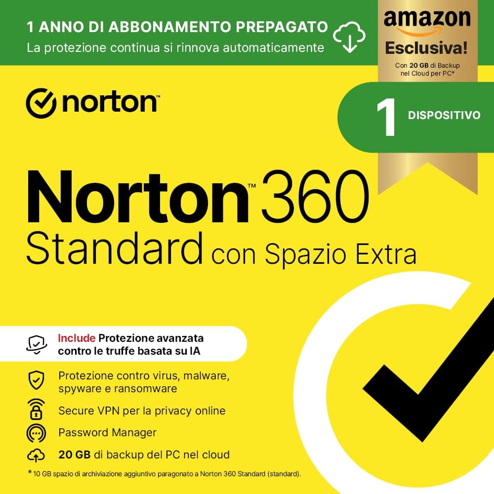 Norton 360 Standard | Extra Spazio Archiviazione |Esclusiva Amazon * 10 GB extra Cloud Backup| Antivirus software 1 dispositivo|1 anno rinnovo automatico