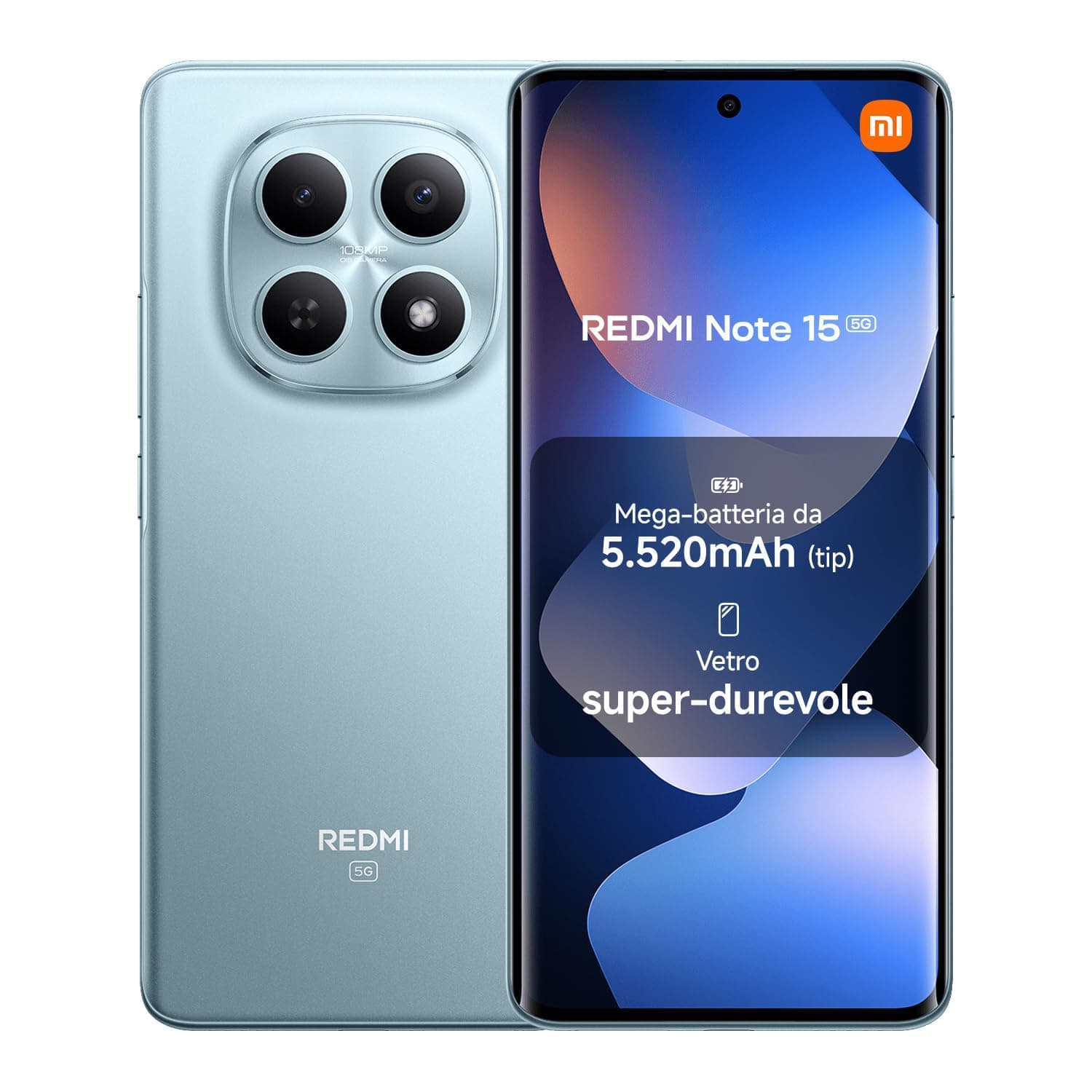 XIAOMI REDMI Note 15 5G, Smartphone 8+512GB, Design ultrasottile, Resistenza IP65, Fotocamera super nitida da 108 MP, Display FHD+ da 6,77", Blu Ghiacciaio, Garanzia 2 anni, Caricatore non incluso