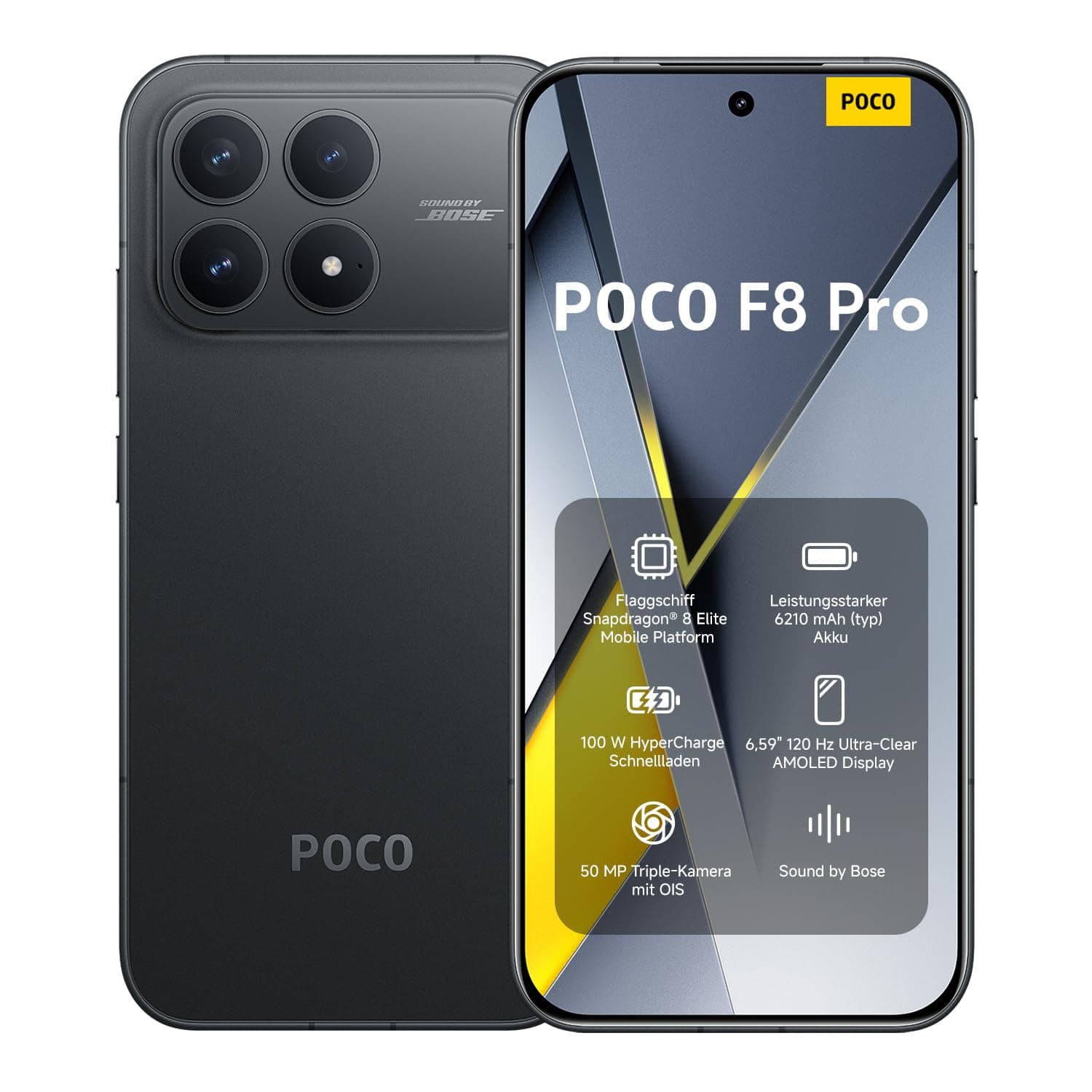 XIAOMI Poco F8 Pro, Smartphone 12+256 GB, Handy mit Android, 6.59" 120Hz AMOLED Display, 50MP Triple-Kamera mit 60mm Teleobjektiv, Sound by Bose, 6210mAh, Schwarz, 2 Jahre Garantie