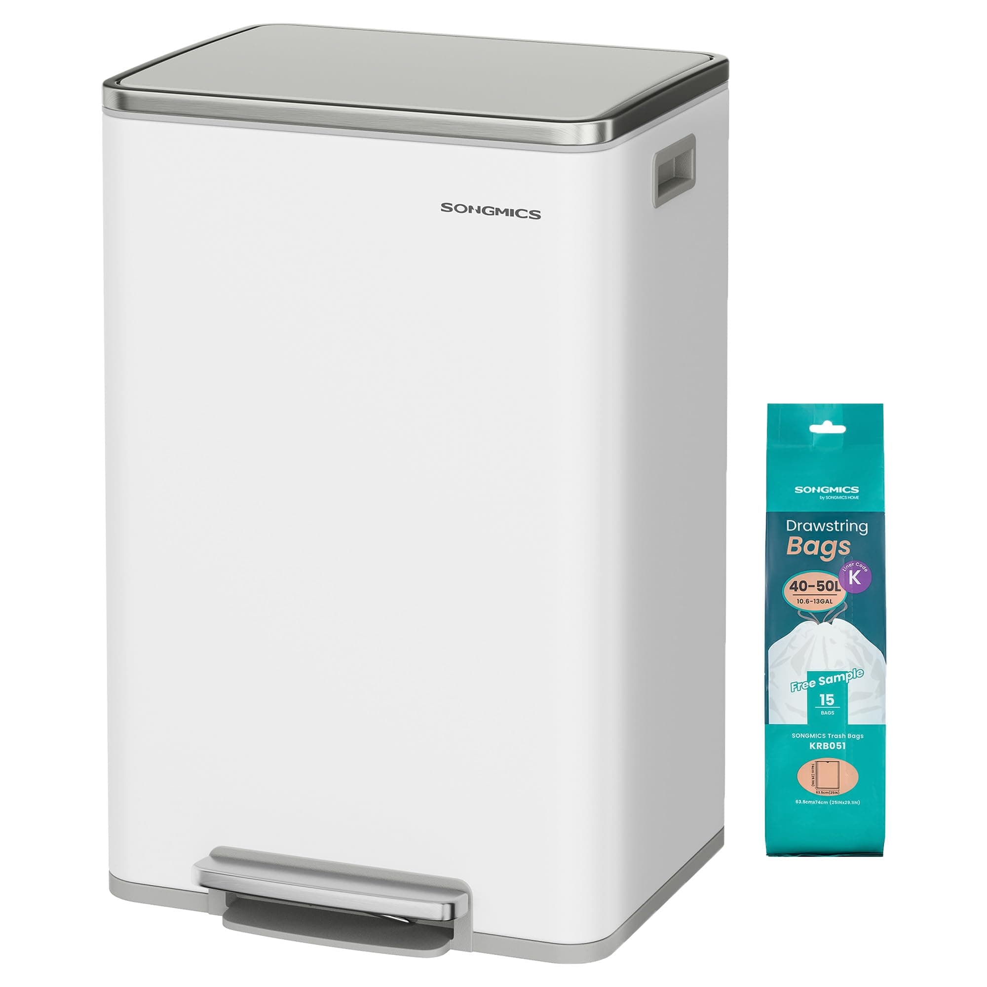 SONGMICS Poubelle de Cuisine 50 L, avec 15 Sacs Poubelle, en Acier, Seau Intérieur Amovible en Plastique, avec Couvercle, Poignées, Fermeture en Douceur, Blanc Nuage LTB595WC01