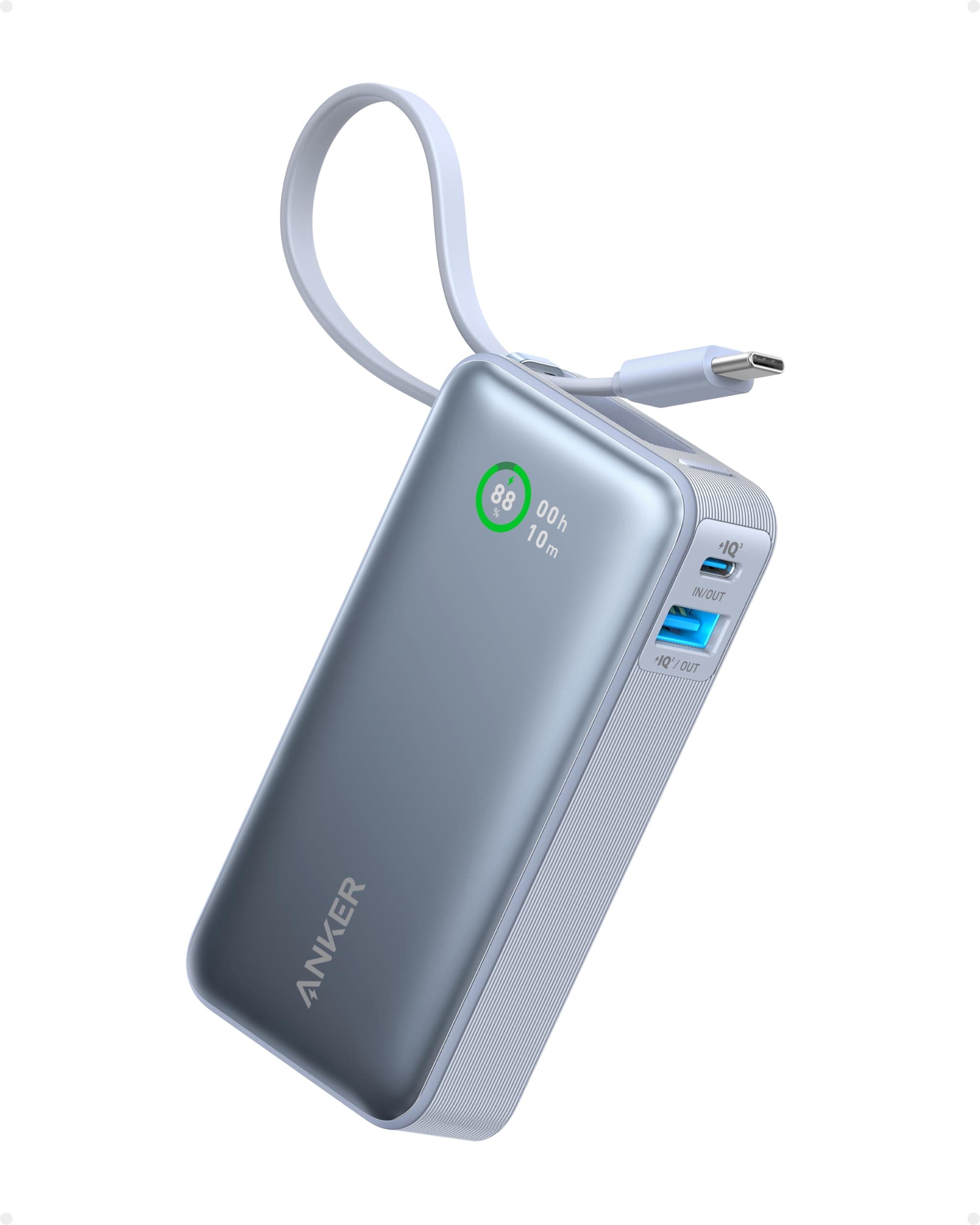 Anker Nano Powerbank, 10.000mAh Powerbank mit integriertem USB-C Kabel, PD 30W Höchstleistung mit 1xUSB-C, 1xUSB-A, Für iPhone 17/16/15, MacBook, Galaxy, iPad, AirPods und mehr (Blau)