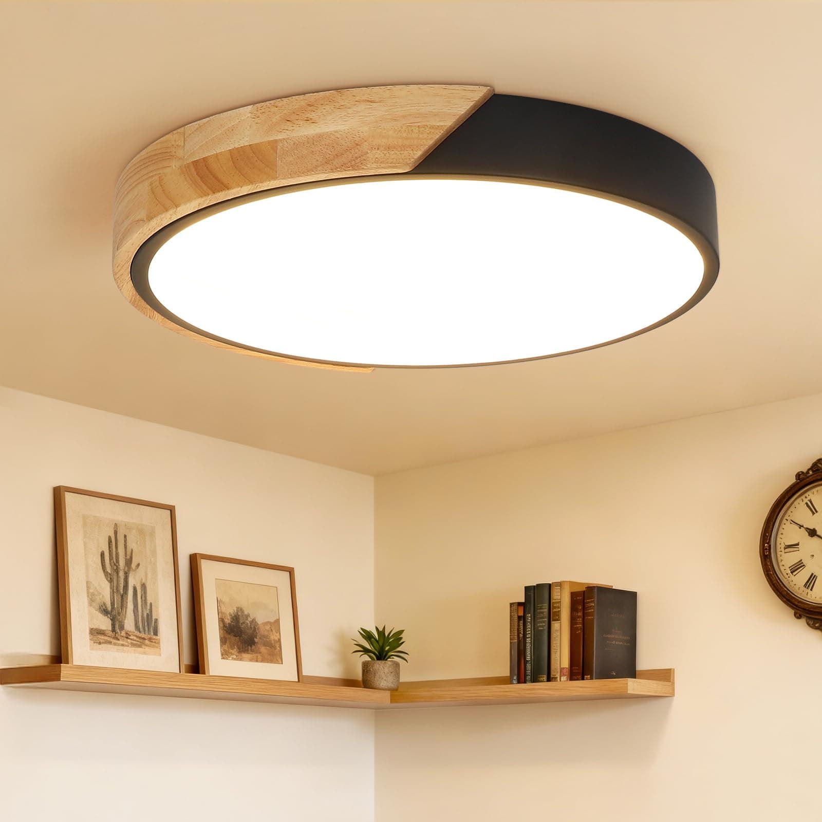 Kimjo 24W Lámpara LED Techo Redonda, φ30cm Plafones para Techo Madera, 3000K Moderno Plafon LED Negra, 2400LM Luz Techo para Oficinas, Salones, Dormitorios, Cocinas, Pasillos