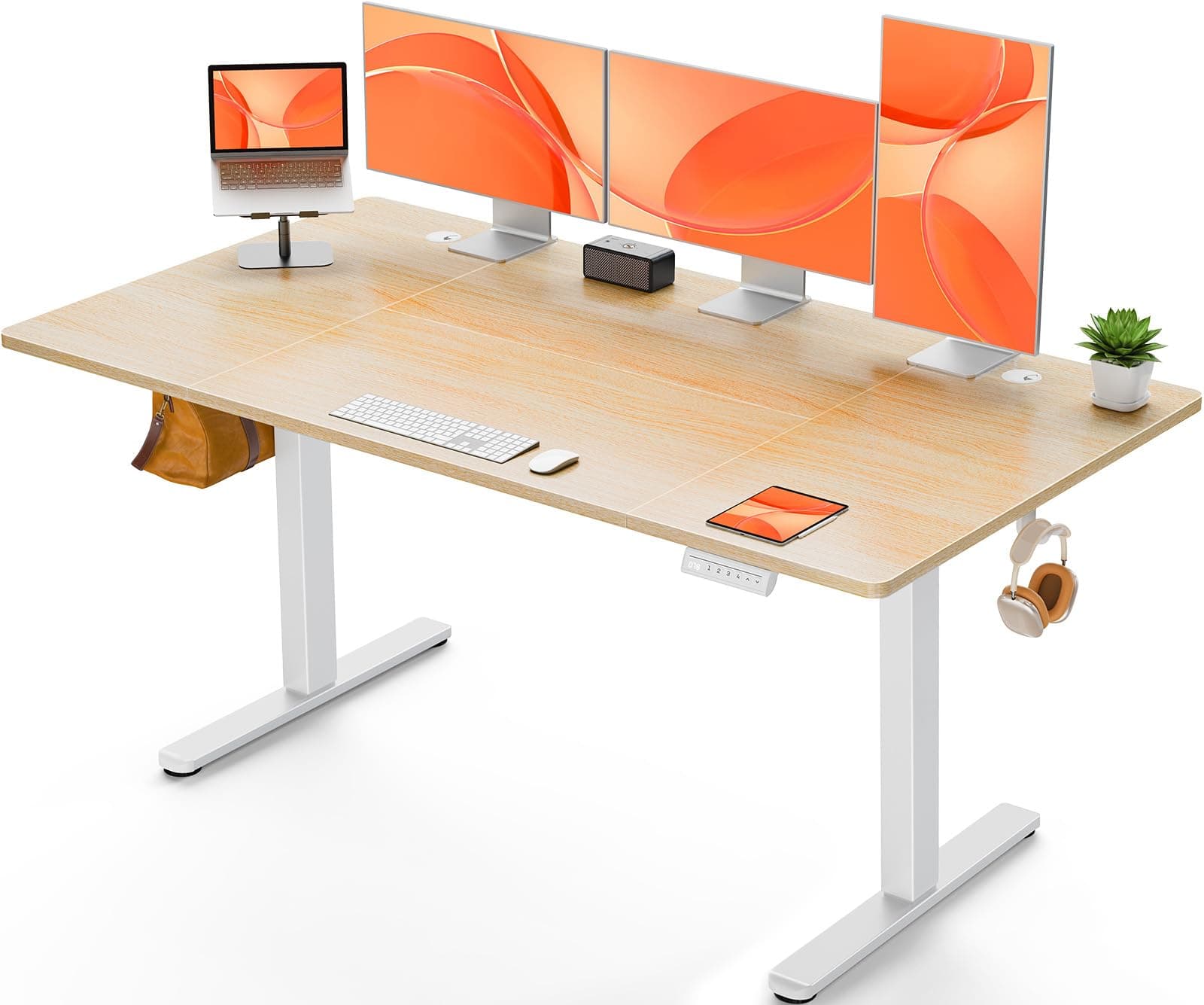 ErGear Escritorio Elevable Eléctrico, 140x70cm, Natural | Ajuste Eléctrico 72-118cm, 4 Memorias, 80kg, <55dB, Estable, Ganchos y Pasacables, Tablero Ensamblado.