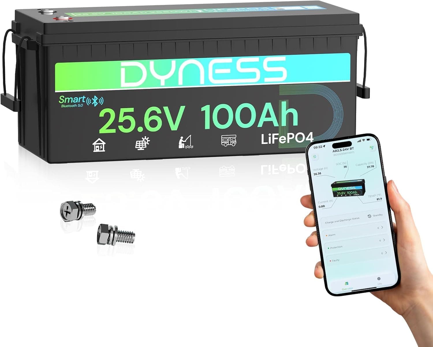 Dyness 24V 100Ah LiFePO4 Lithium Batterie mit Integriertem 100A BMS und Tieftemperaturschutz, ideal für 24V Trolling-Motoren(Bassboote), Wohnmobile und netzunabhängige Anwendungen