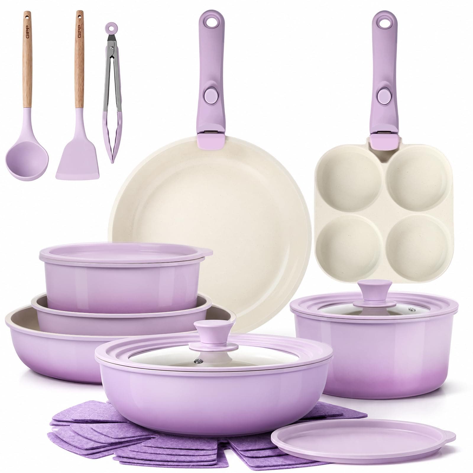 GiPP 21 Pezzi Set di Pentole Antiaderente, Colore Lavanda | Manici Rimovibili, per Camper, Senza Tossine, Compatibile Induzionei, Forno/Lavastoviglie, Comprende padelle, pentole e wok