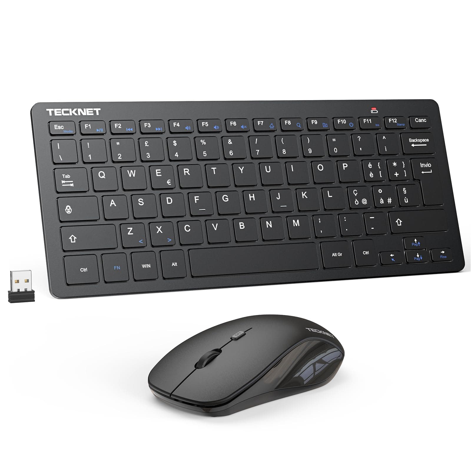 TECKNET Set Tastiera e Mouse Wireless, 2.4G Silenzioso con Ricevitore USB | Italiano QWERTY, 12 Scorciatoie Multimediali per Computer, PC, Laptop, Desktop, Smart TV Android, Nero