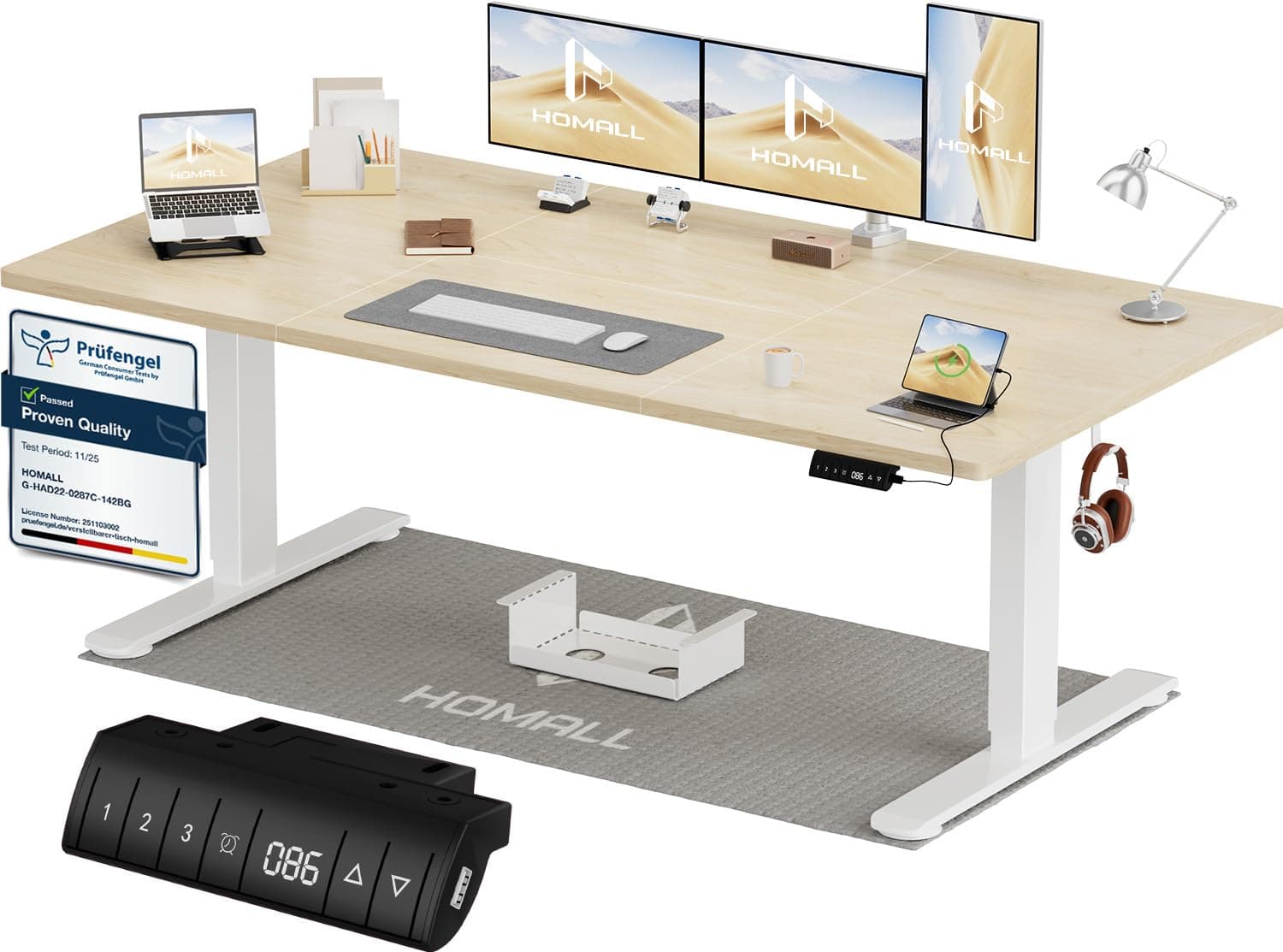 Homall Scrivania Regolabile in Altezza 180x80 cm con Porta USB, Beige | Standing Desk con 6 Tasti Memoria Altezza, 2 Ganci e Cassetto Cavi, Ergonomica, Elettrica Scrivania Gaming,Scrivania Ufficio