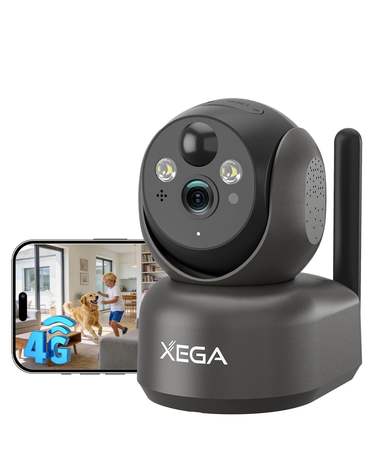 Xega 4G LTE Cámara de Vigilancia Interior Gris, 360° Cámara IP Domicilio con Tarjeta SIM, Cámara Vigilancia con Resolución 2K Bebe/Mascotas, Audio Bidireccional, Detección de Movimiento