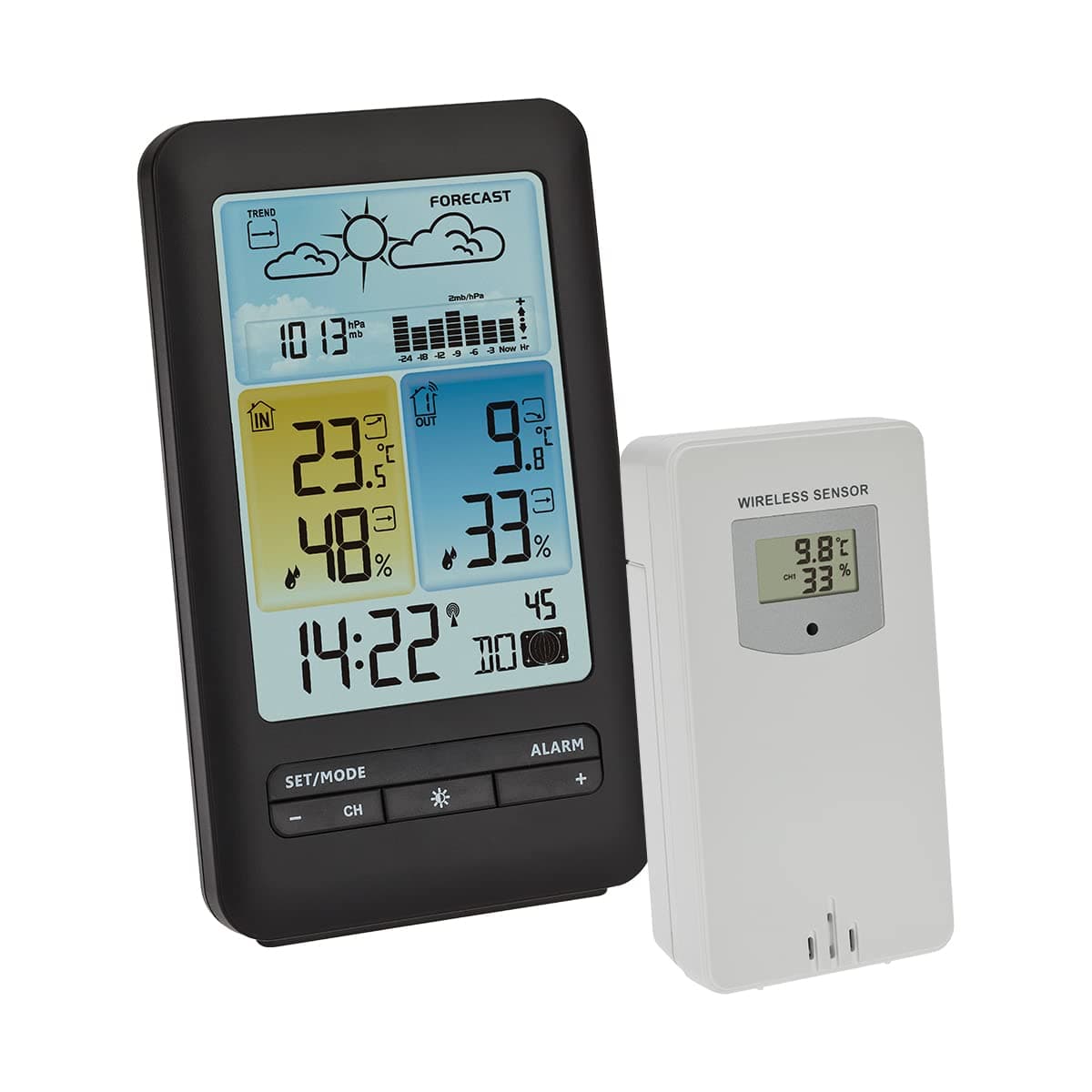 TFA Dostmann Station météo sans fil, 35.1165.01, prévisions météo avec symboles, pression atmosphérique avec graphique, phase de lune, horloge, valeurs max et min, en exclusivité sur Amazon, noir