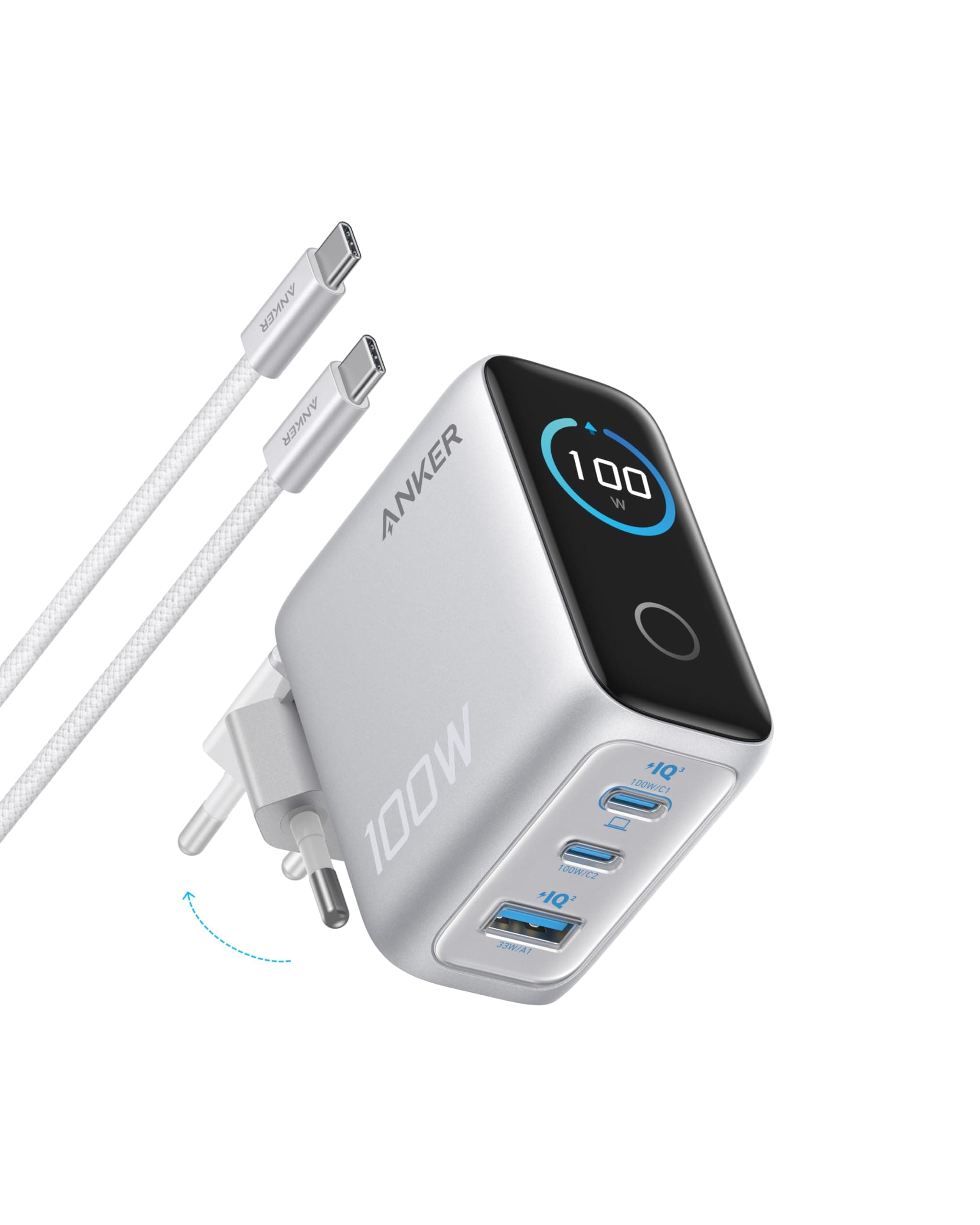Anker 100W USB C Ladegerät, Laptop Ladegerät, kompaktes 3-Port GaN Wandladegerät, Smart Display, Touch-Steuerung, Für MacBook, iPad, iPhone 17/16/15 Serie (USB-C Kabel inklusive)