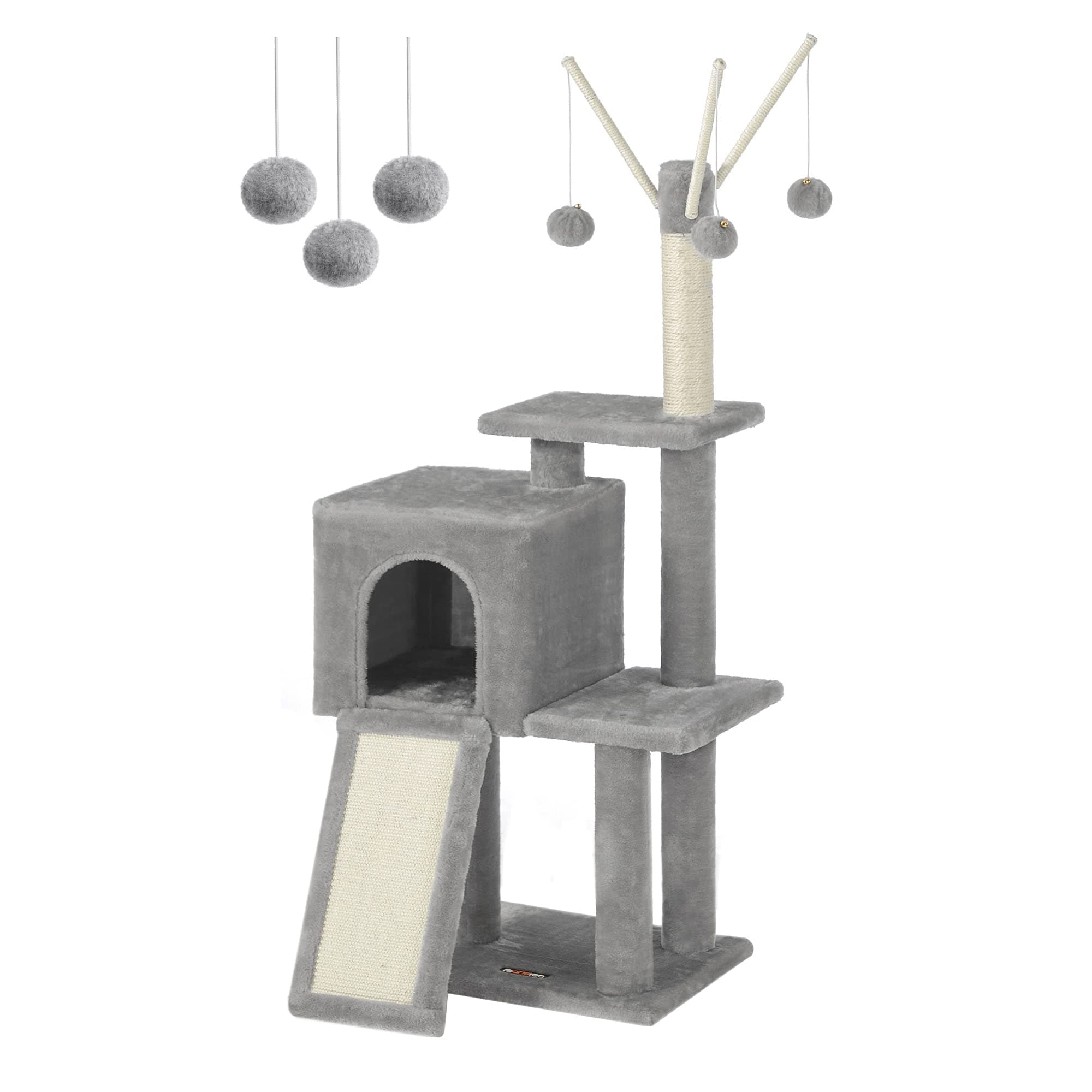 Feandrea Tiragraffi per Gatti, Grotta, Diversi Livelli, 41,5x31x126 cm | Albero per Gattini Micini, Graffitoio, Peluche, 3 Bastoncini Pompom Rimovibili, Grigio Tortora, Collezione CLAWFY PCT143W01