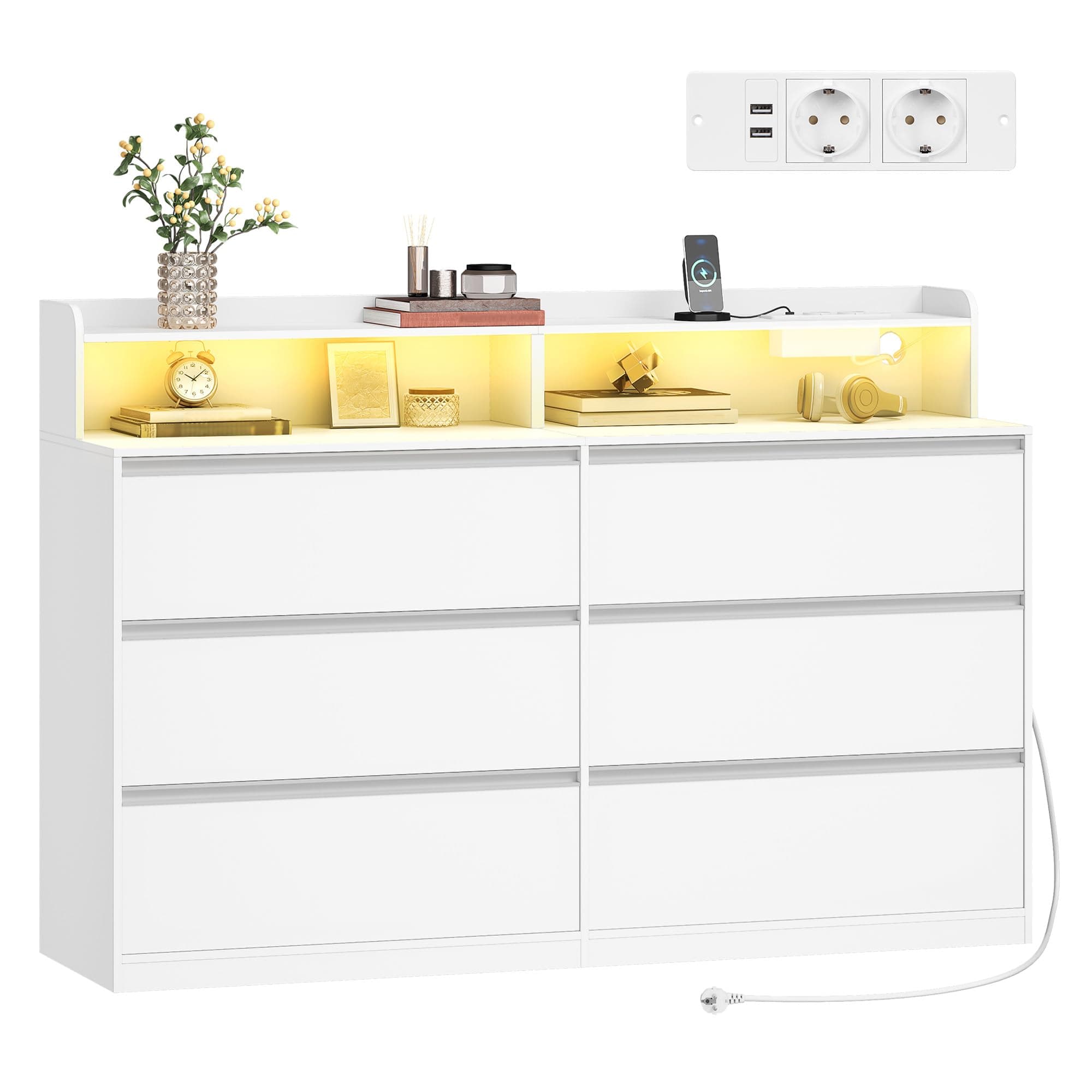 Hzuaneri Commode 40 x 140 x 95 Blanc LED multiprise 6 tiroirs,Blanc | 6 tiroirs spacieux design moderne multifonction, adapté chambre salon bureau entrée,1214003XEU