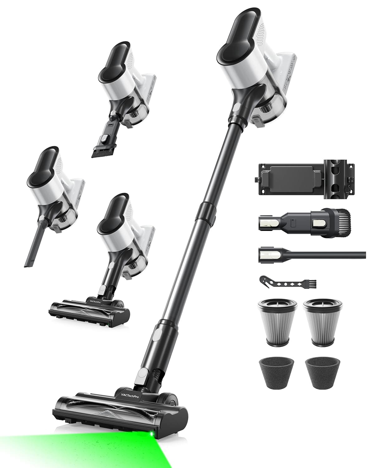 VACTechPro F02 Lite Aspirateur Balai sans Fil, 550 W/50 Min/50 KPa, avec Filtration 8 Couches, pour Sols, Tapis et Cheveux, Noir et Blanc