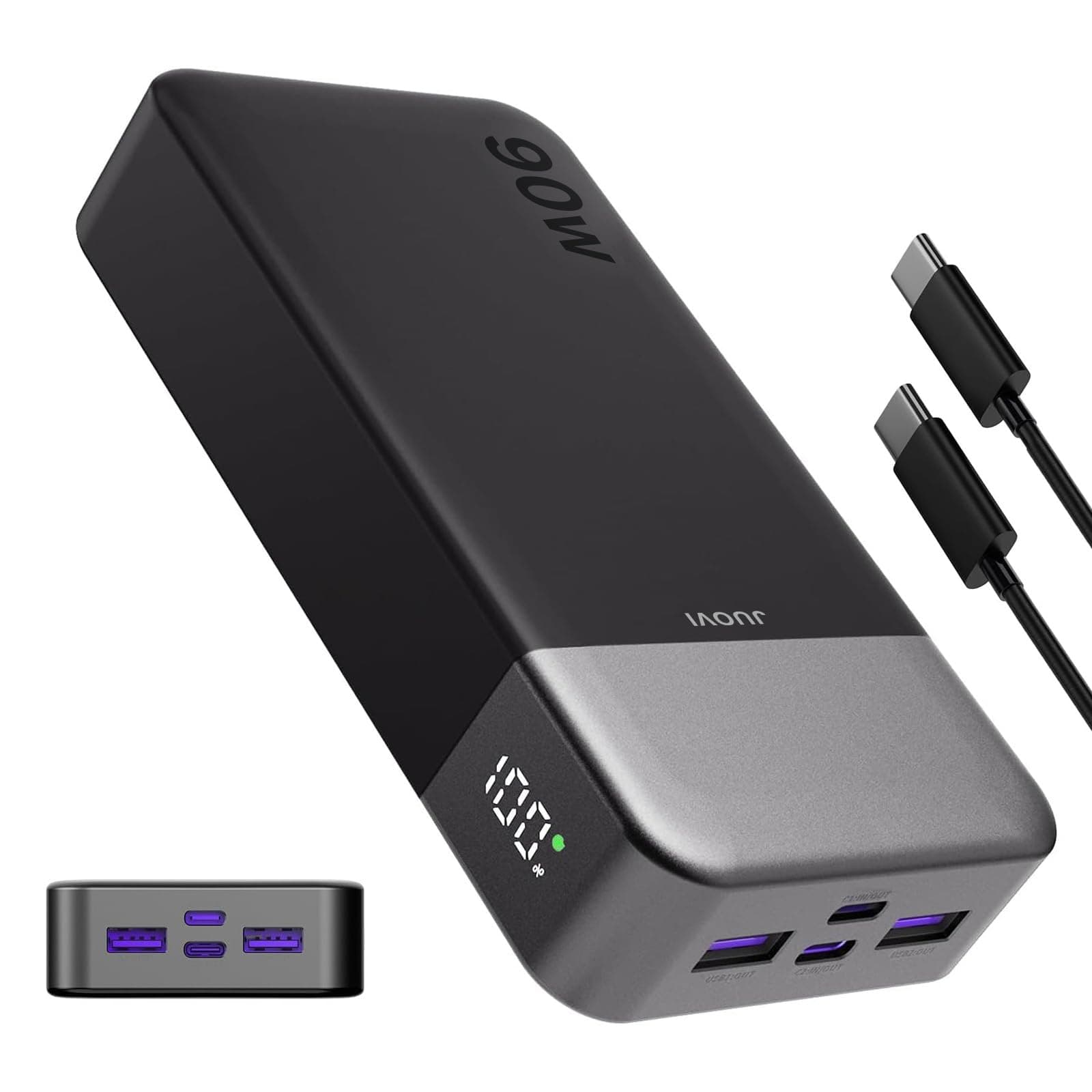 JUOVI Batterie Externe 90W pour PC Portable 20000mAh, Chargeur Portable Power Bank Charge Rapide avec 2 USB-C et 2 USB-A, Batterie Portable pour MacBook iPhone 17/16/15 Series, Galaxy (Noir)