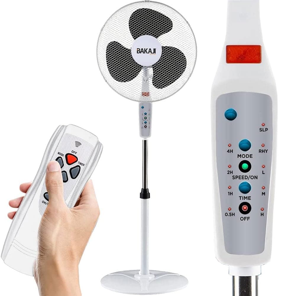BAKAJI Ventilatore a Piantana con Telecomando, Potenza 50W 3 Velocità, Pale da 40 cm, Altezza ed Inclinazione Regolabile Fino a 130 cm, Funzione Timer, Base Rotonda, Oscillazione Orizzontale (Bianco)