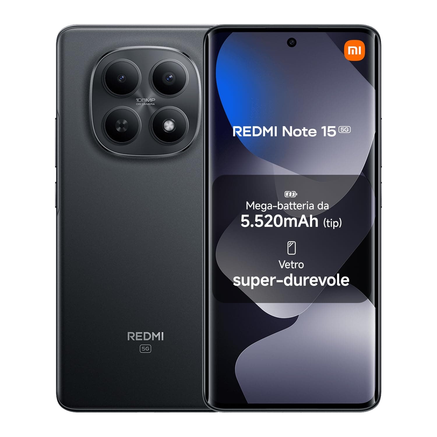 XIAOMI REDMI Note 15 5G, Smartphone 8+512GB, Design ultrasottile, Resistenza IP65, Fotocamera super nitida da 108 MP, Display FHD+ da 6,77", Nero, Garanzia 2 anni, Caricatore non incluso