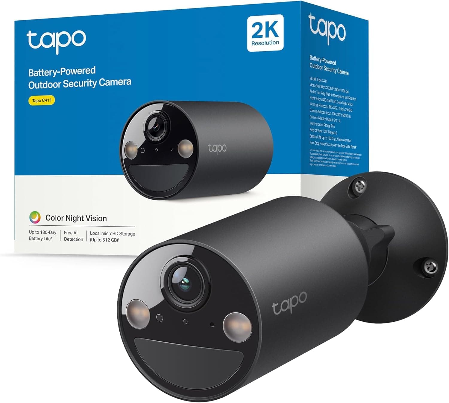 Tapo C411 Telecamera WiFi Esterno/Interno Senza Fili, 2K 3MP, Batteria durata fino a 180 Giorni dopo una Singola Carica, Visione Notturna a Colori, Allarme Con Rilevamento del Movimento, IP65
