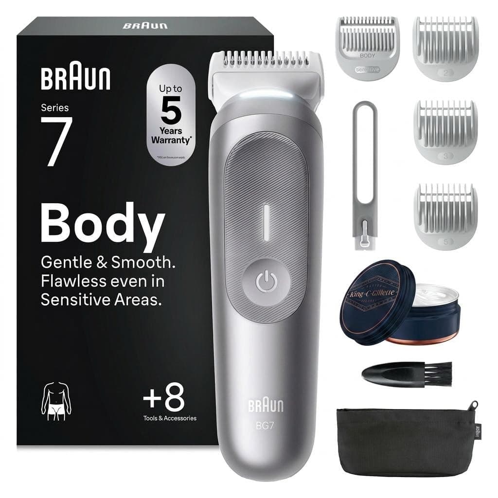 Braun Rasoio Elettrico Corpo Uomo Serie 7, 8 Strum. Balsamo, BG7555 Grigio | Cura Corpo, SkinGuard, Testine SmoothShave, Impermeabile, Rasoio Intimo Uomo, Ricaricabile, Balsamo Barba King C Gillette