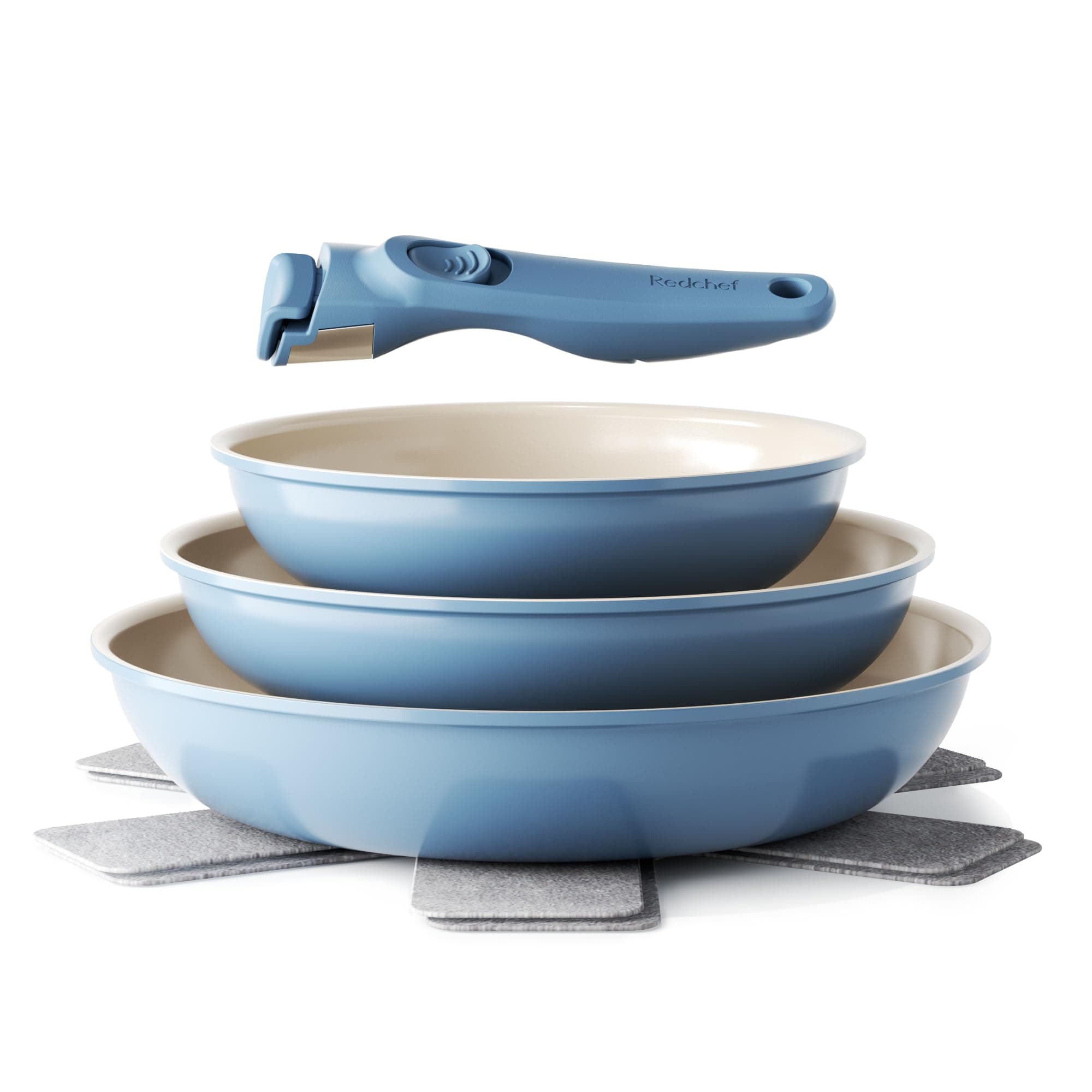 Redchef Juego de Ollas 6 Piezas sartenes Cerámicas, Sartén Cerámica con Granito Antiadherente, Apta para Inducción 20, 24, 28 cm, Ahorra Espacio, Sin Ptfe & Pfoa & Pfas, Horno y Lavavajillas, Azul