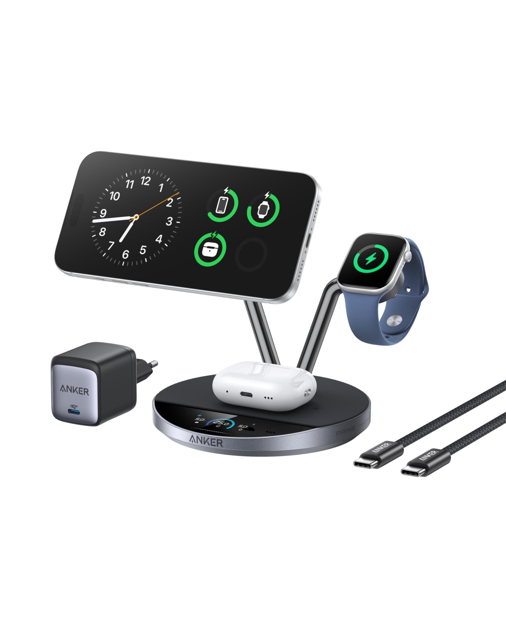 Anker Prime MagSafe-kompatibles 3-in-1 Ladegerät, Qi2 25W zertifizierte kabellose Ladestation mit Smart Display und TEC-Aktivkühlung, Für iPhone 17, Apple Watch, AirPods und mehr