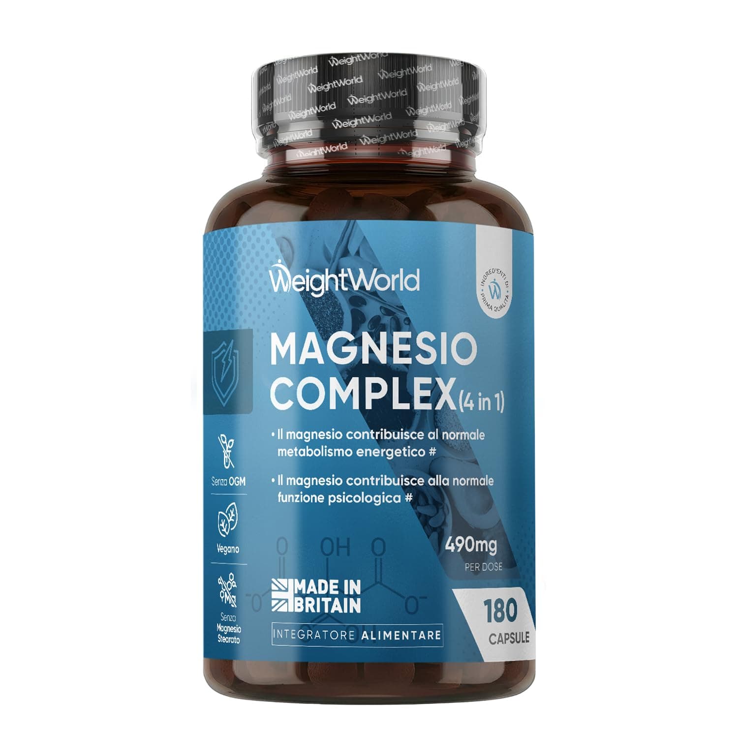 Magnesio Completo Vegano 490mg, 180 Capsule, Magnesium Complex 4 in 1 | Bisglicinato e Citrato, Il Magnesio Contribuisce a Ridurre la Stanchezza e l'Affaticamento (EFSA), Senza OGM, Made in Britain