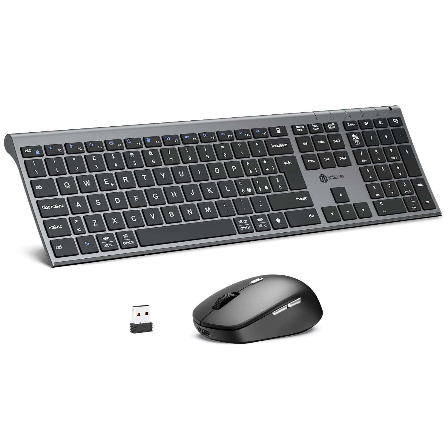 iClever Tastiera e Mouse Wireless Bluetooth, Tastiera e Mouse Doppia Modalità (Bluetooth + 2.4G) Ricaricabile, Layout Italiano QWERTY, Silenziosa for Mac, iPad, PC, Laptop, Desktop, Tablet, Smartphone