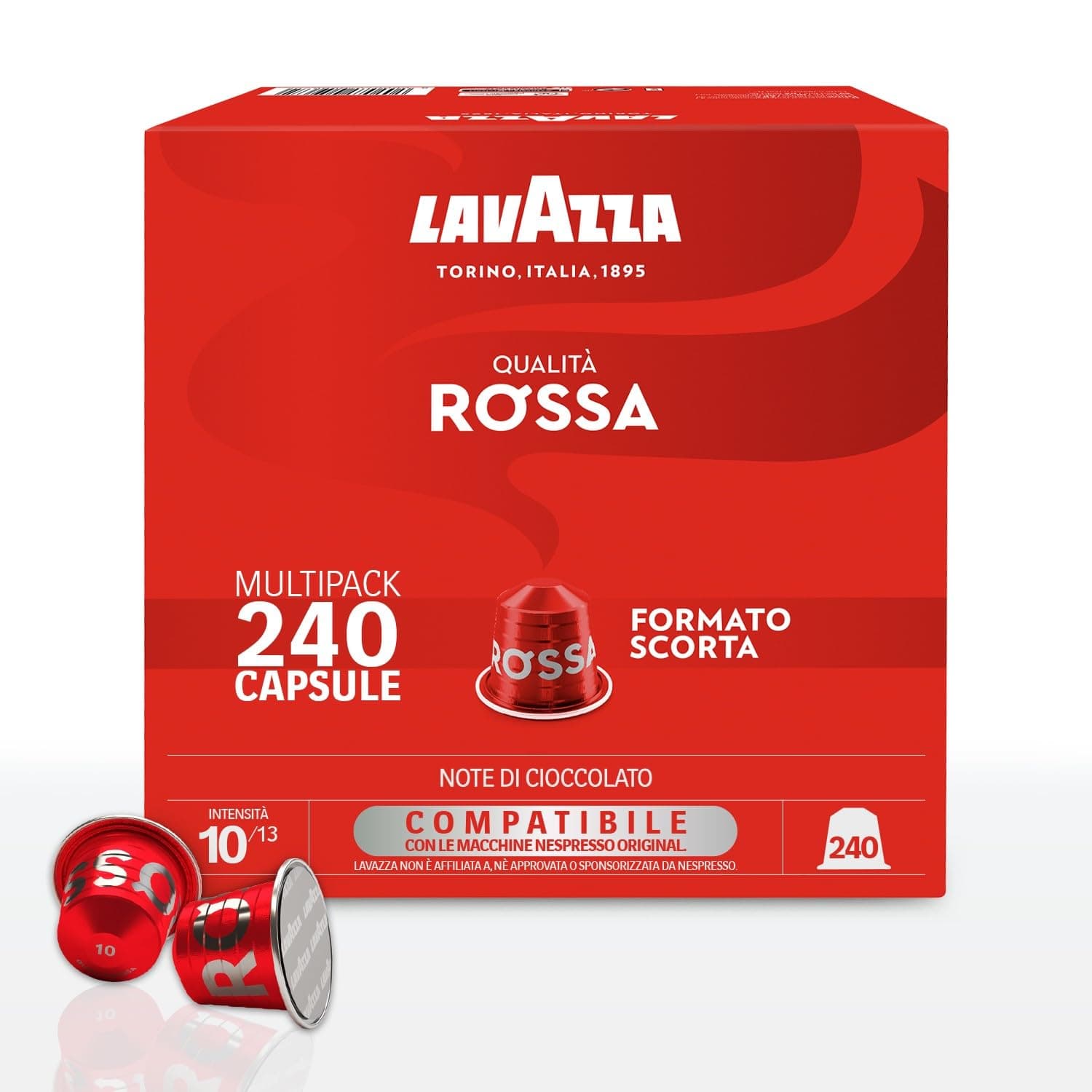 Lavazza, Qualità Rossa, 240 Capsule di Caffè in Alluminio Compatibili con Macchine Nespresso* Original, con Note di Cioccolato e Frutta Secca, Arabica e Robusta, Intensità 10/13, Tostatura Media