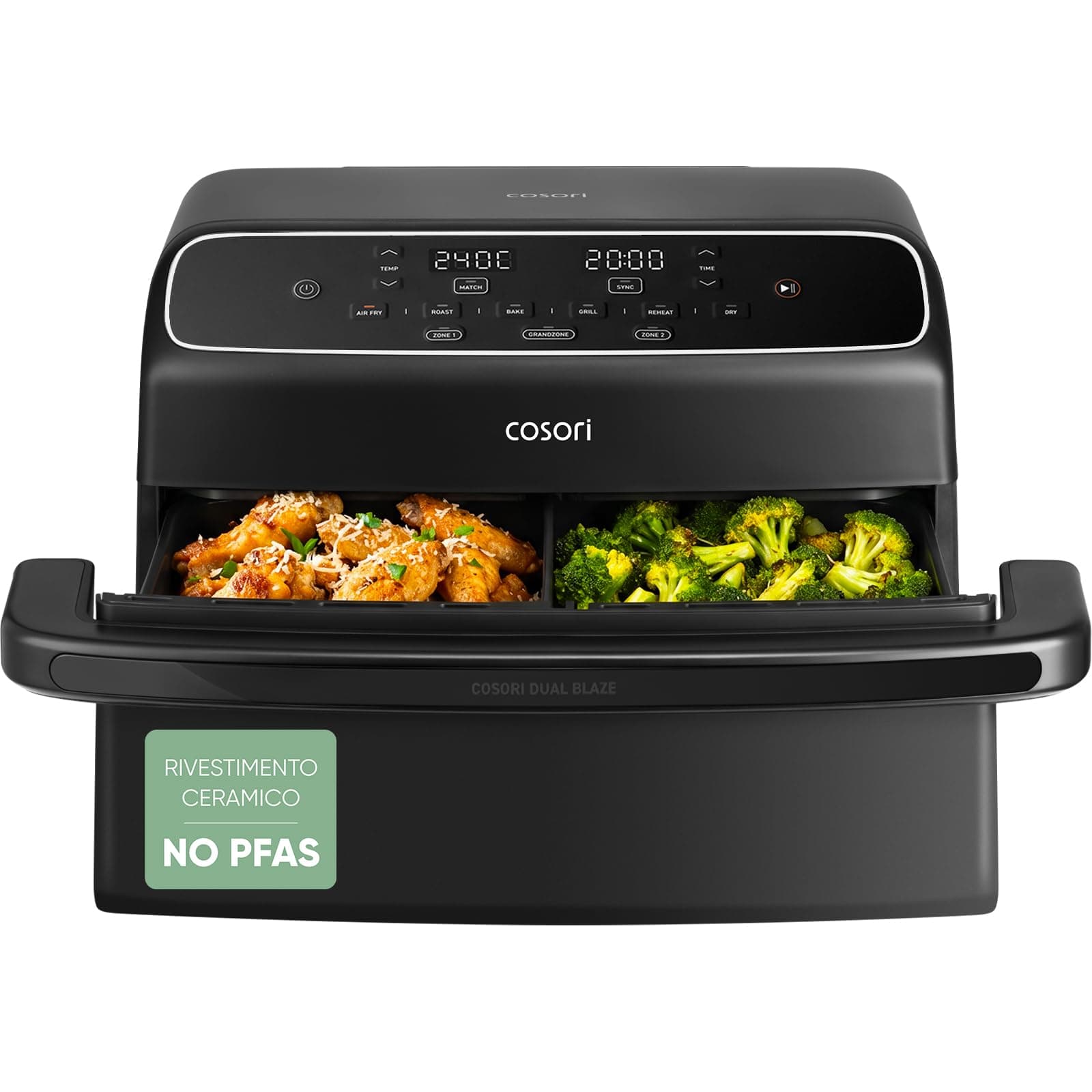 Cosori Friggitrice ad Aria Twinfry Compact 8,6 Litri, Doppio Cestello 4,3L+4,3L e Separatore Rimovibile, Doppia Resistenza Air Fryer, Rivestimento Ceramico No PFAS, 6 Funzioni, 35-240℃, 2700W