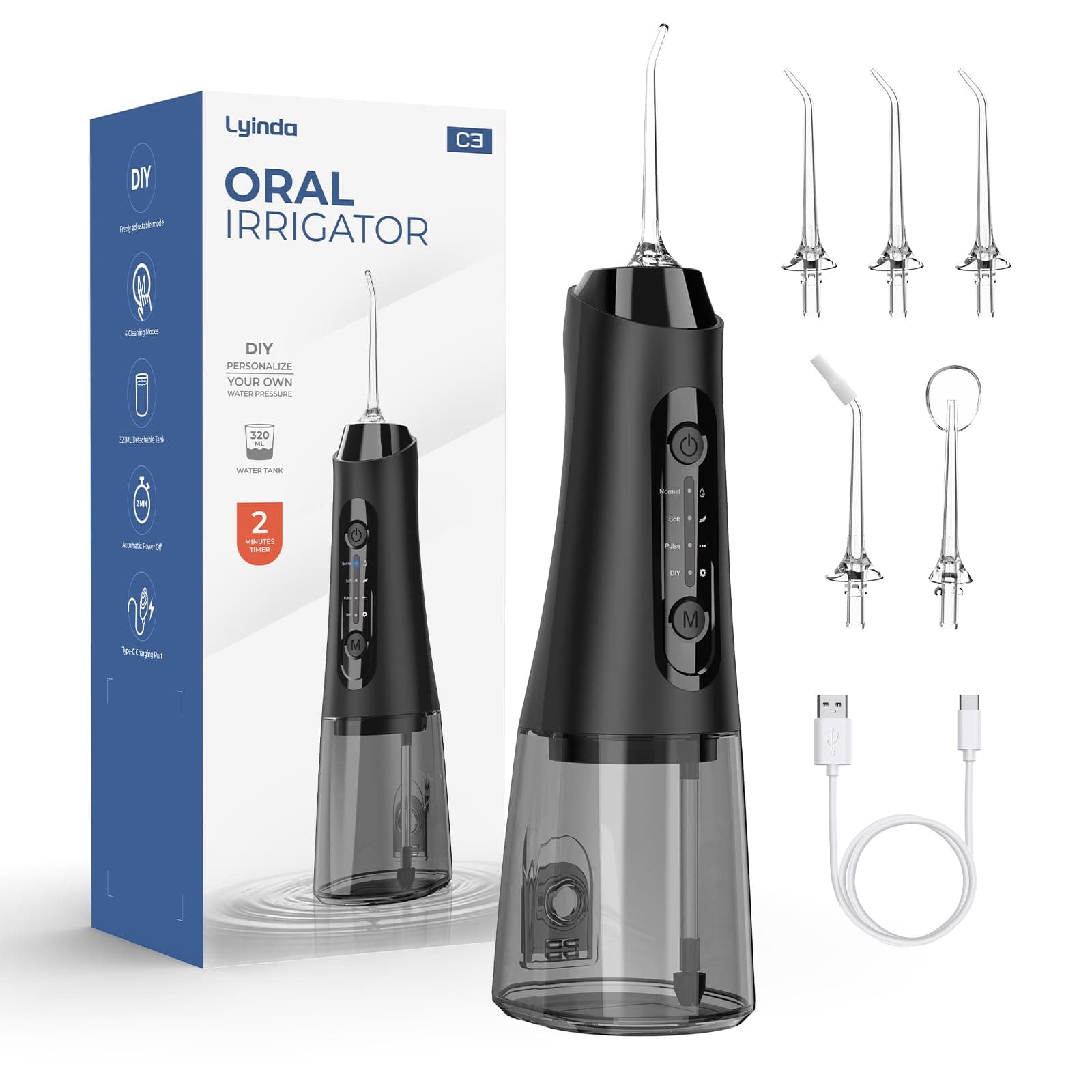 Lyinda Irrigador Dental Eléctrico Portátil, 320ML Profesional Water Flosser, 4 Modos 5 Boquillas Irrigador Eléctrico Oral, IPX7 Impermeable Irrigador Dental, Hogar y Viaje, Negro