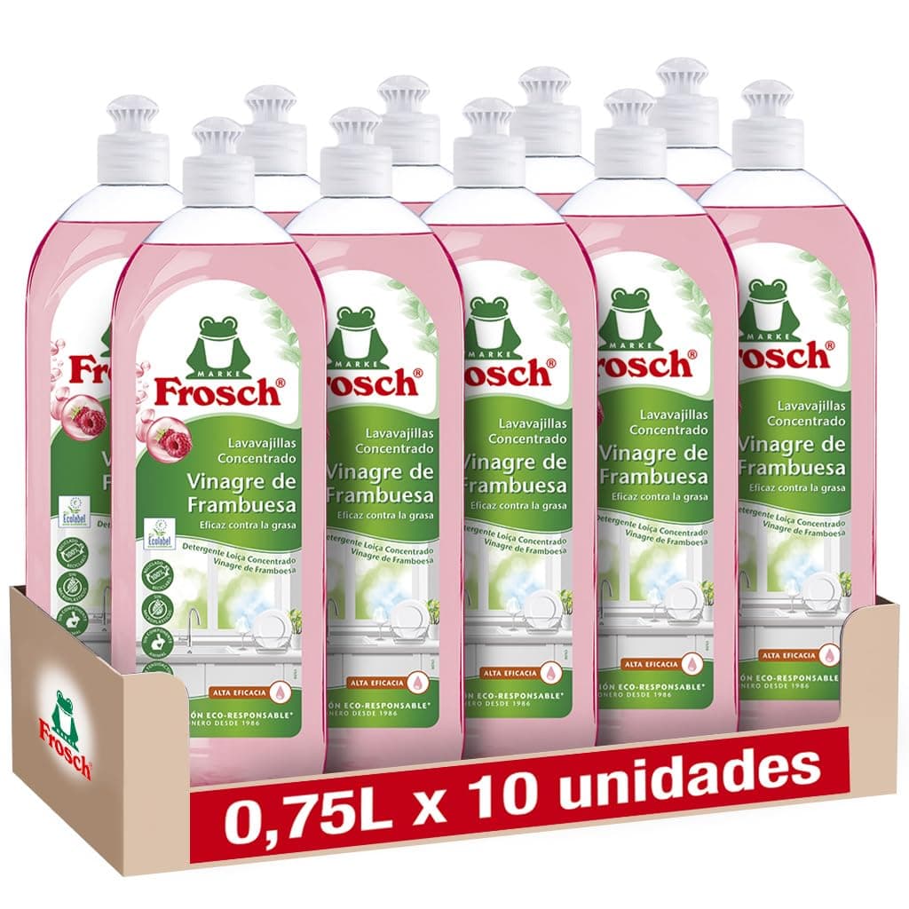 Frosch - Lavavajillas a Mano Líquido Concentrado Ecológico Vinagre de Frambuesa, Extra Desengrasante y eficacia - Pack de 10 Unidades x 750 ml