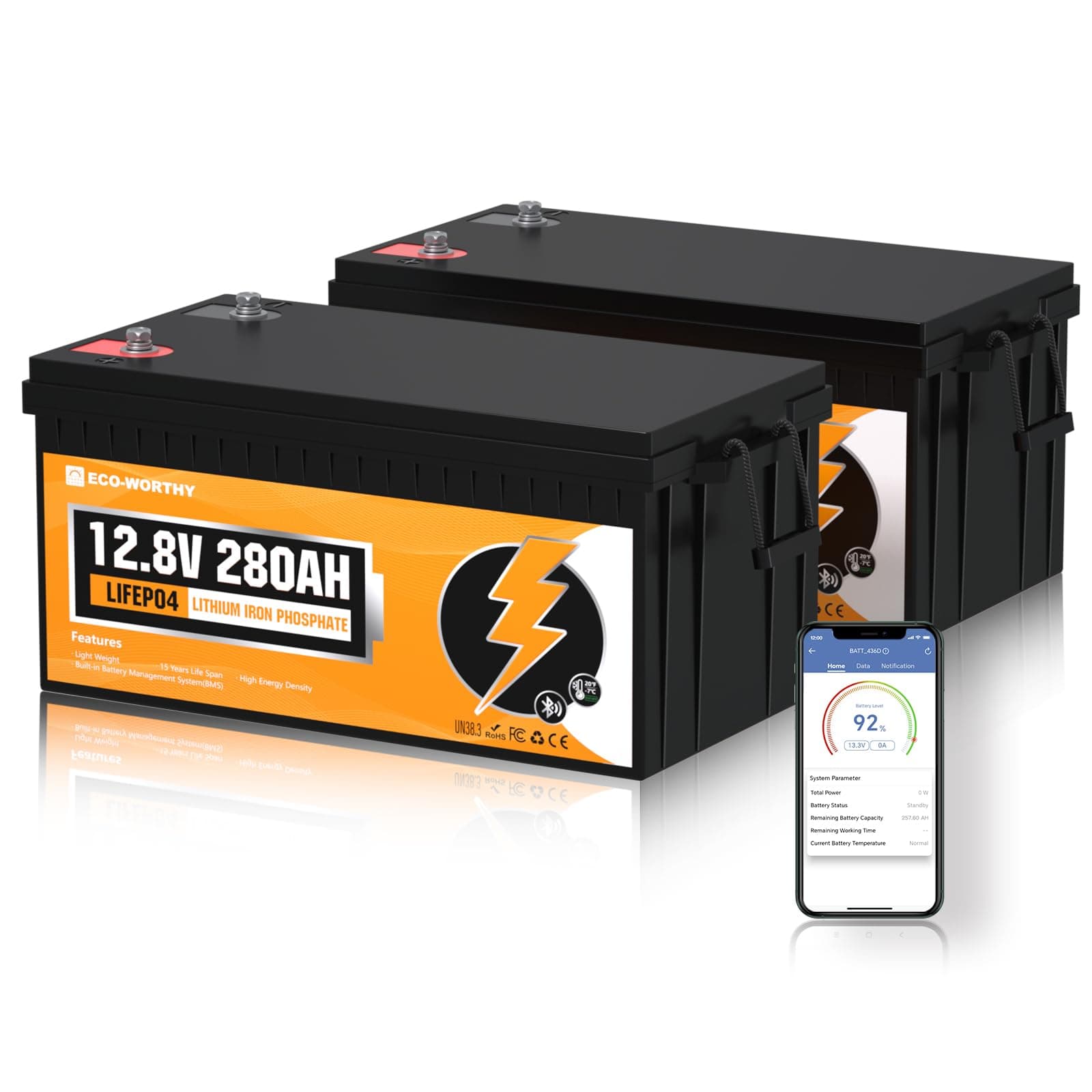 ECO-WORTHY 2PACK 12V 280Ah LiFePO4 Bluetooth mit 200A BMS Low-Temp Schutz und bis zu 15000 Zyklens,7KWH Lithiumbatterie 12V 280AH für Wohnmobil,Boot,Solaranlage Komplettset