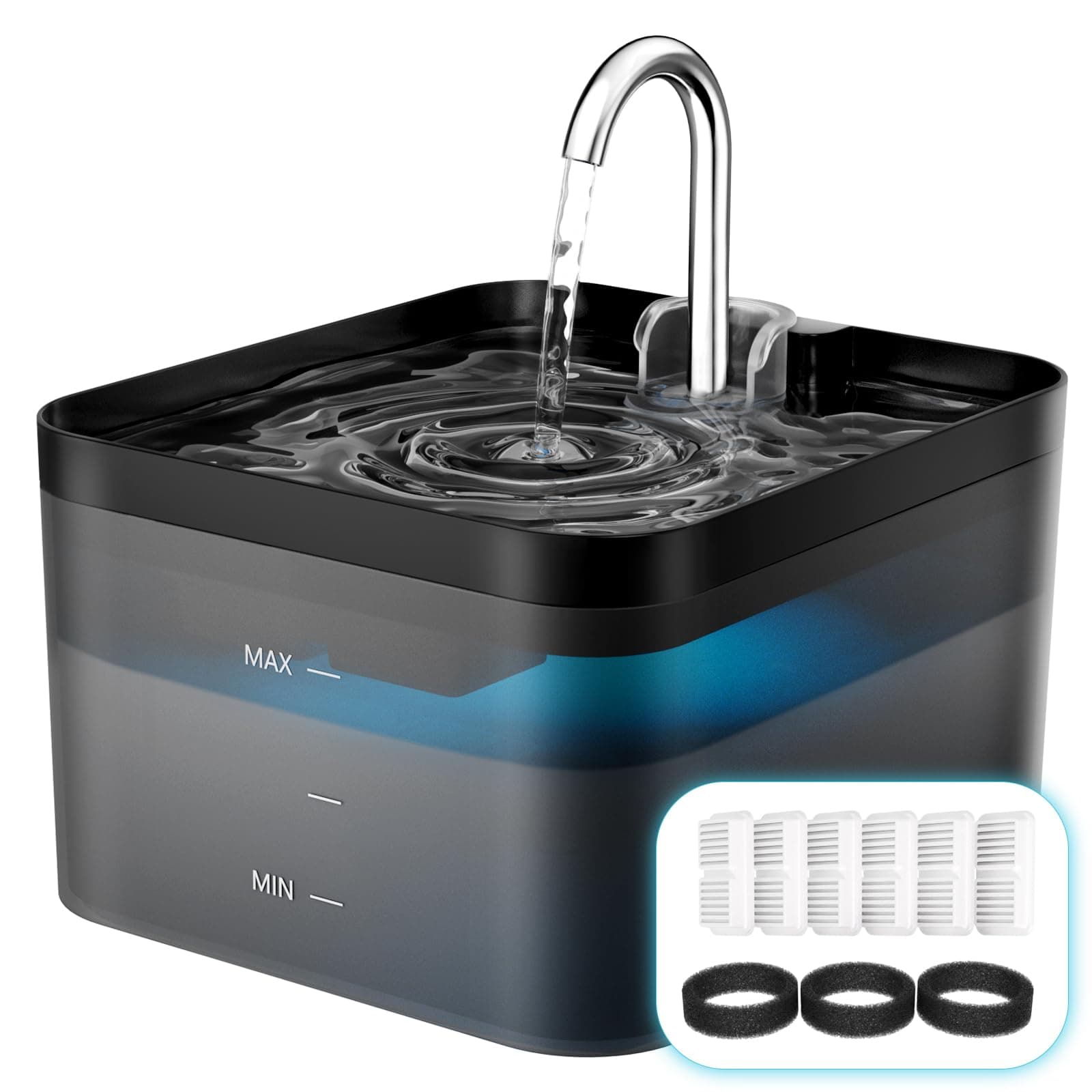 PawPoll Fuente para Gatos, 2,2L Bebedero Gatos, Súper Silenciosa, Fácil de Limpiar, Fuente de Agua para Perros con LED y Filtro de Carbón Activado, Contiene 6 Filtros + 3 Esponjas