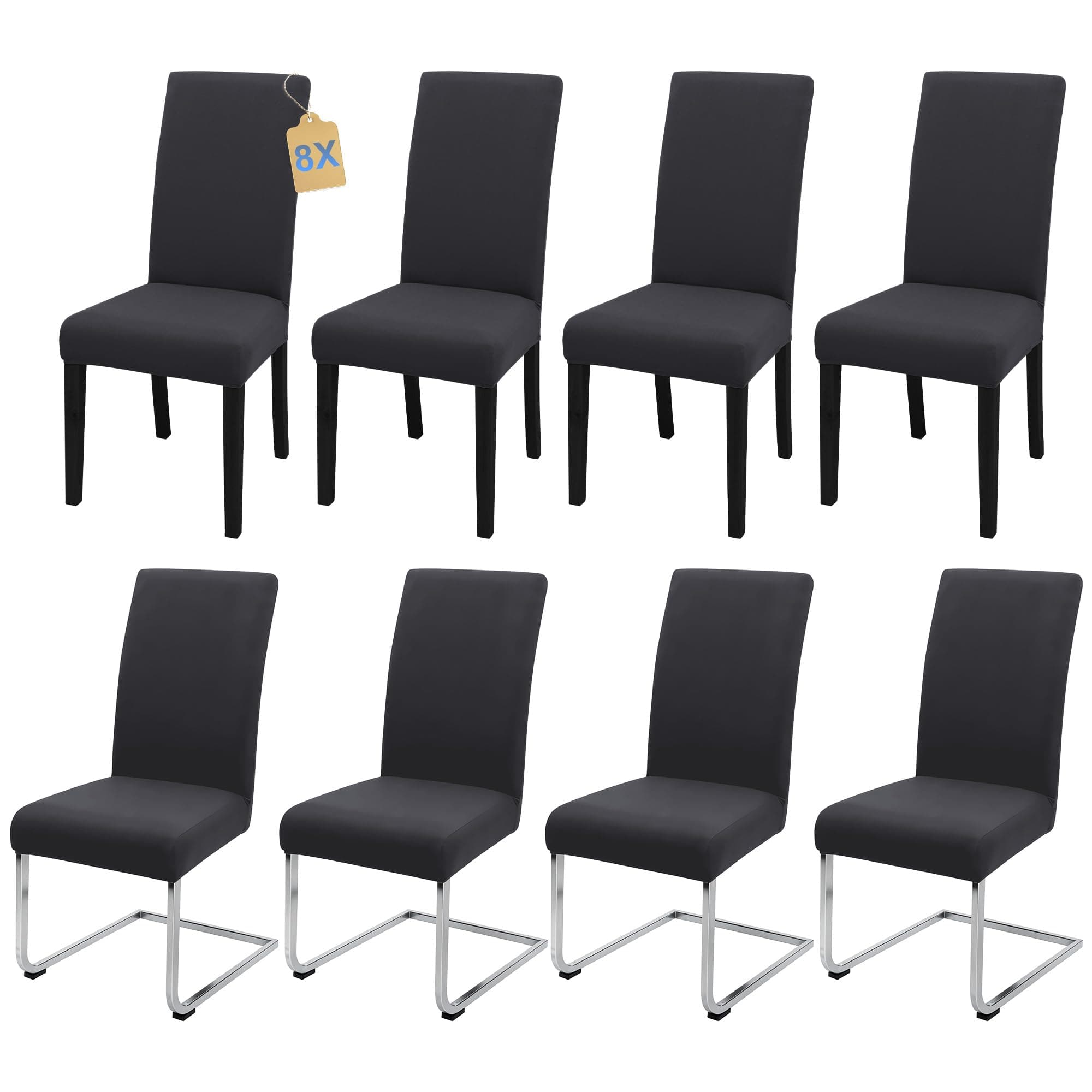 Copri sedia da pranzo universale elasticizzato (set di 4/6/8 pezzi con schienale) per soggiorno, cucina, ufficio, sala da pranzo, coprisedia per feste, lavabile e rimovibile. (8, Grigio scuro)