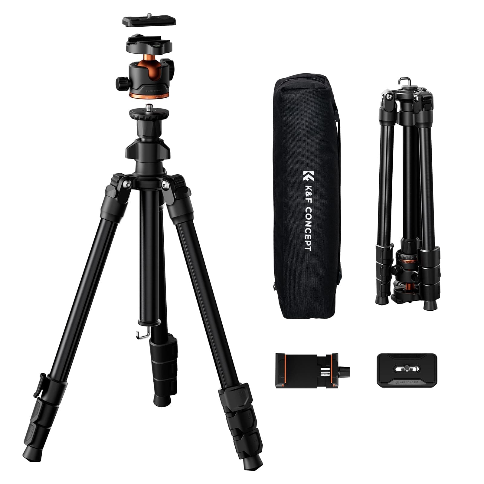K&F CONCEPT Trípode Camera 178cm O234A3+BH-36 Compacto con Cabeza Esférica, Trípode para Viajar Capacidad de Carga 8kg con Clip para Móvil
