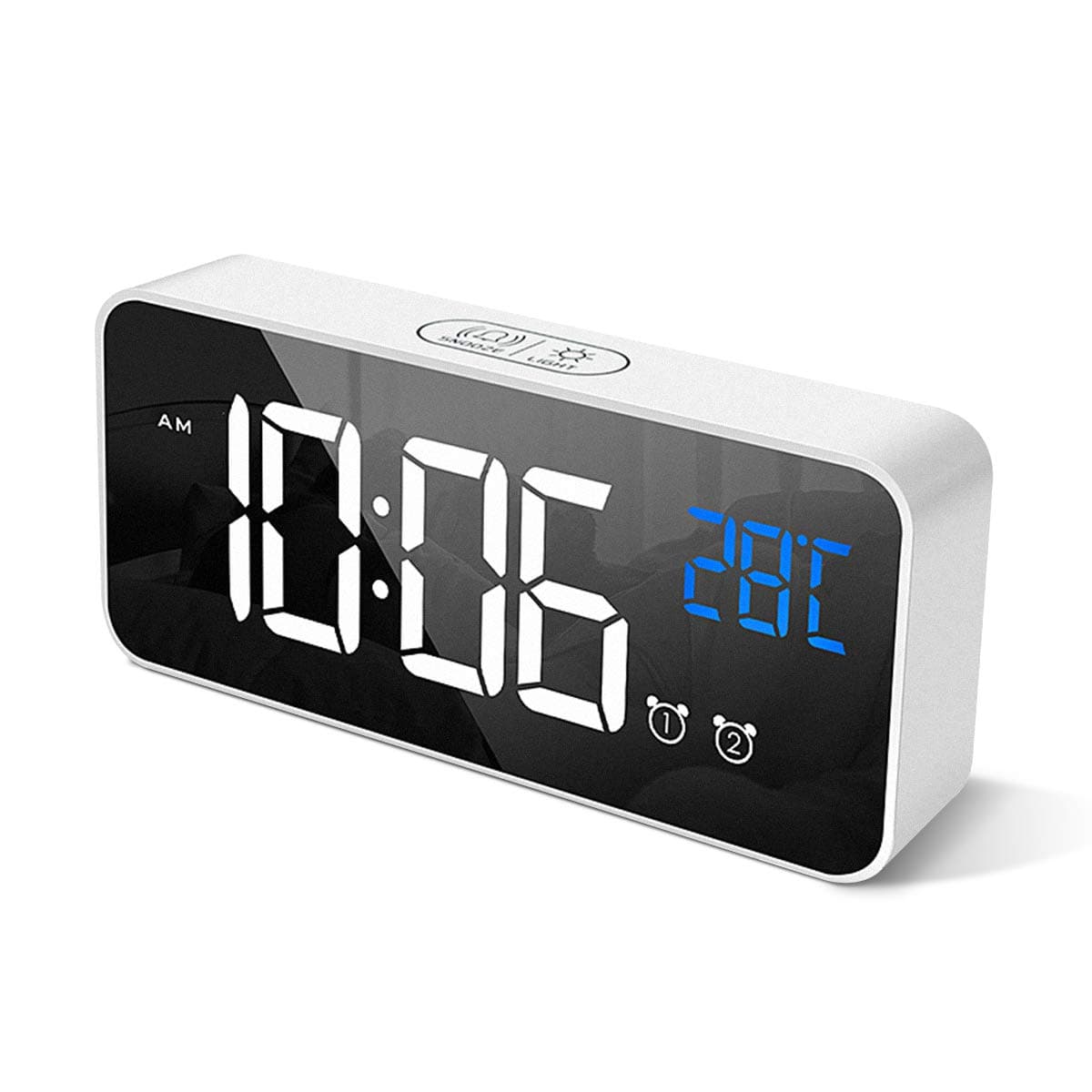 HOMVILLA Réveil Numérique avec Grand Affichage de la Température LED, Alarme de Miroir Portable avec Double Alarme Roupillon Temps Gradateur de Luminosité Réglable sur 4 Niveaux (Blanc)