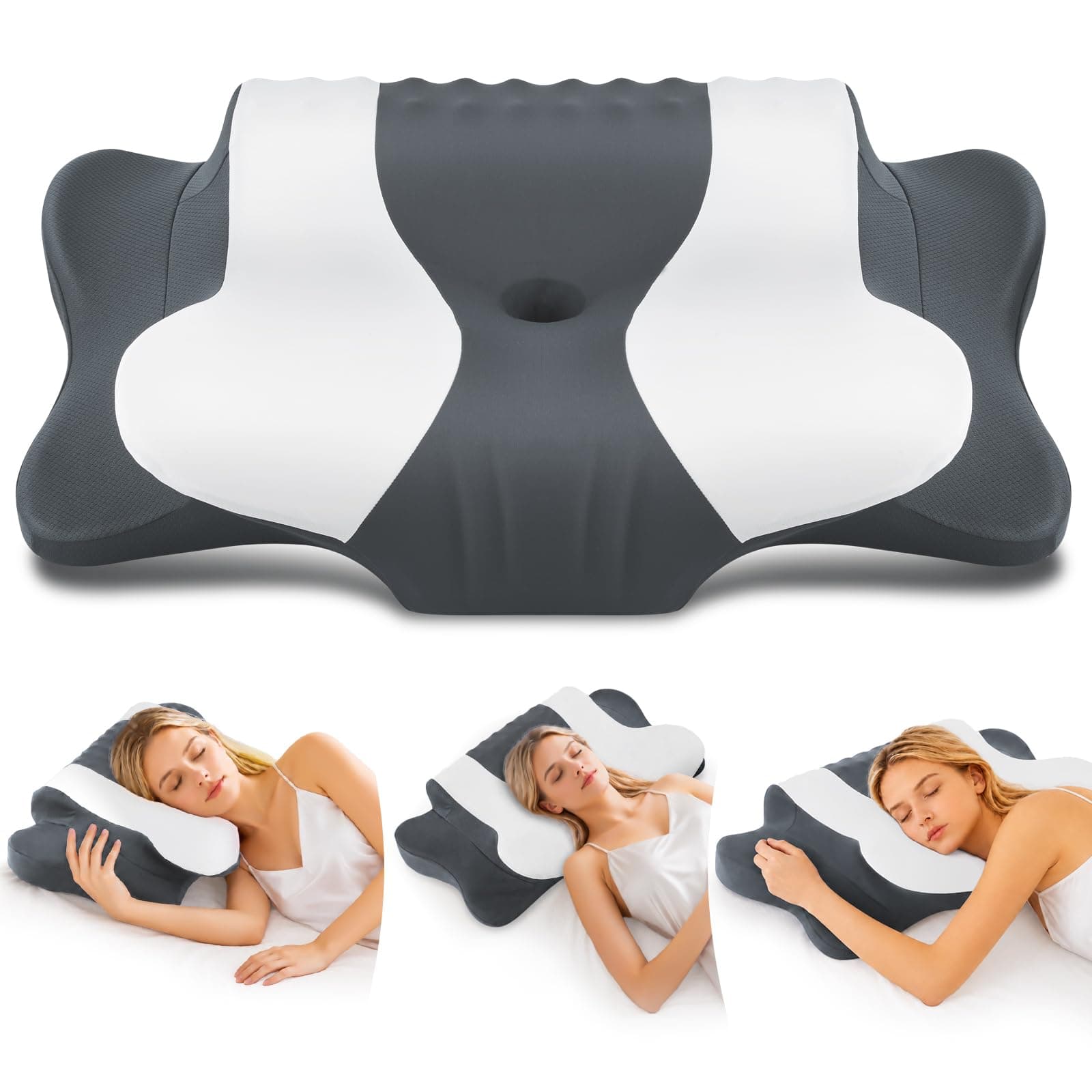 DONAMA Cuscino Cervicale Memory Foam Farfalla,Cuscino Ergonomico Lombare per Lato, Schiena e Stomaco, 64x39x10/13cm