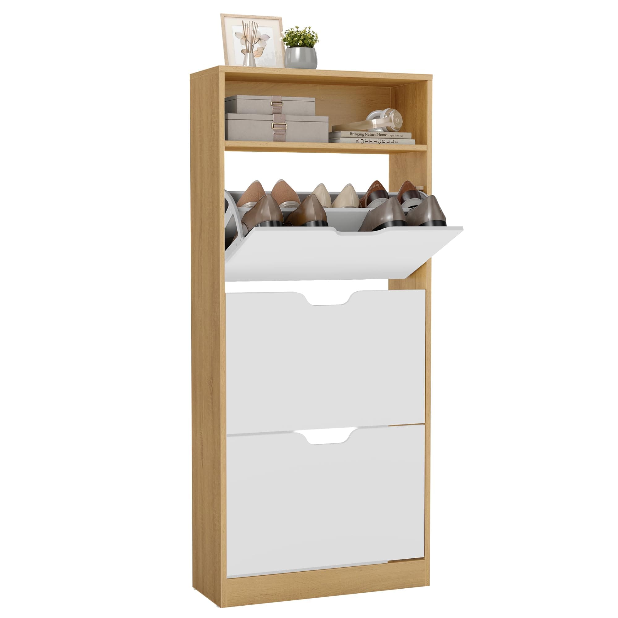 VASAGLE Custos Colección - Zapatero con Compartimiento Abierto y Divisor Ajustable, para Entrada, 3 Puertas Abatibles, 24 x 60 x 139 cm, para 15-18 Pares, Roble Dorado y Blanco Nube LBC046YA02