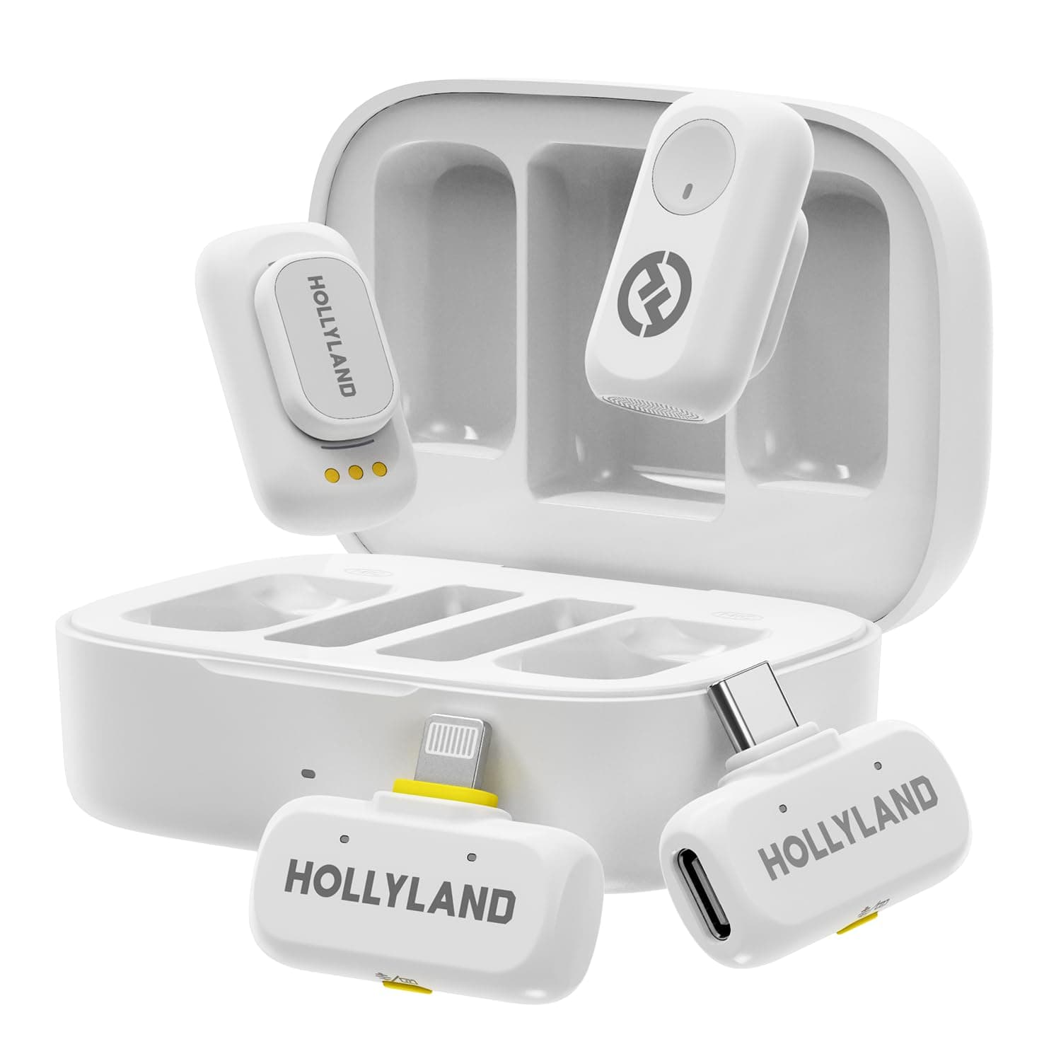 Hollyland Lark A1 Combo - Mini micrófono inalámbrico para iPhone y Android (2 TX + USB-C RX + Lightning RX + Estuche de Carga), micrófono magnético para Youtube, TikTok, podcasts y Vlogs (Blanco)