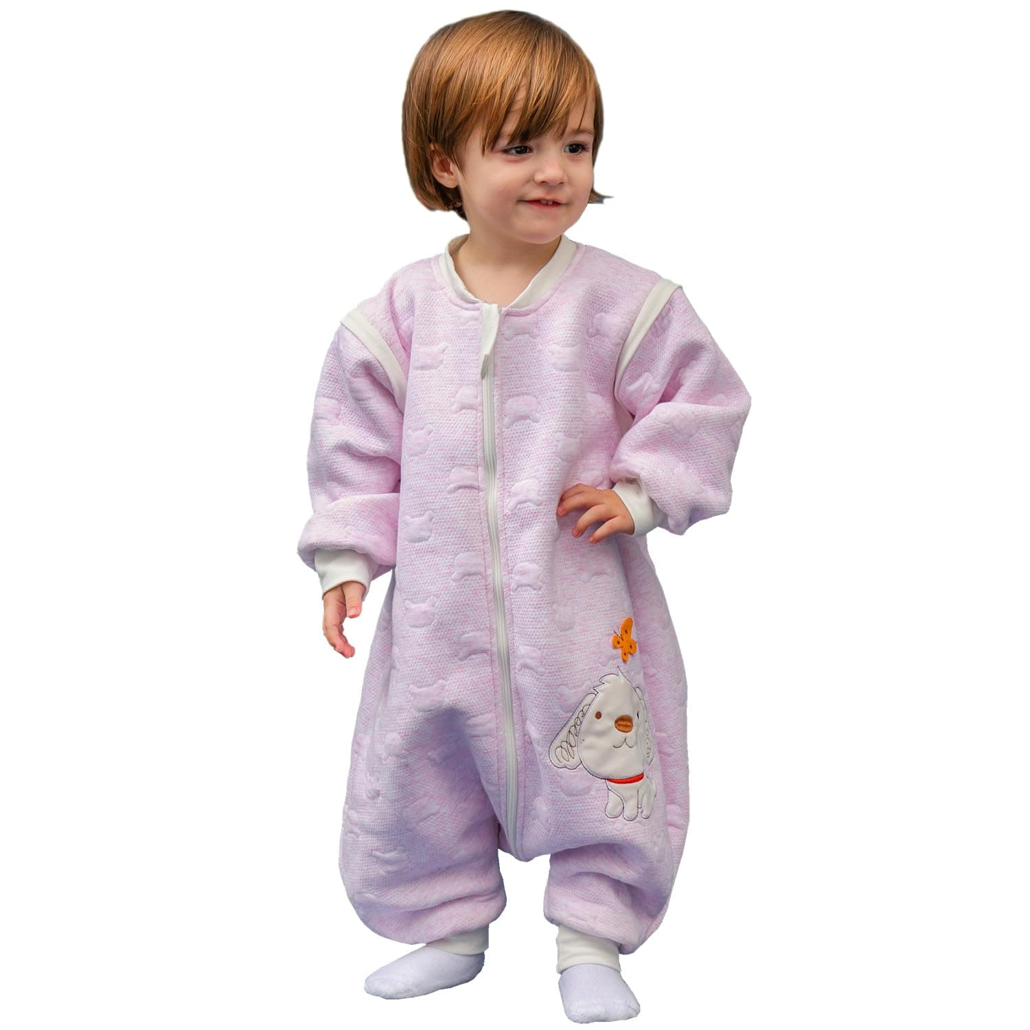 MIKAFEN Sacco nanna invernale a maniche lunghe, per bimbe e bimbi, con aperture per i piedi e motivo di cagnolino, in cotone, unisex, per tutto l'anno, Rosa 36-48 Monate