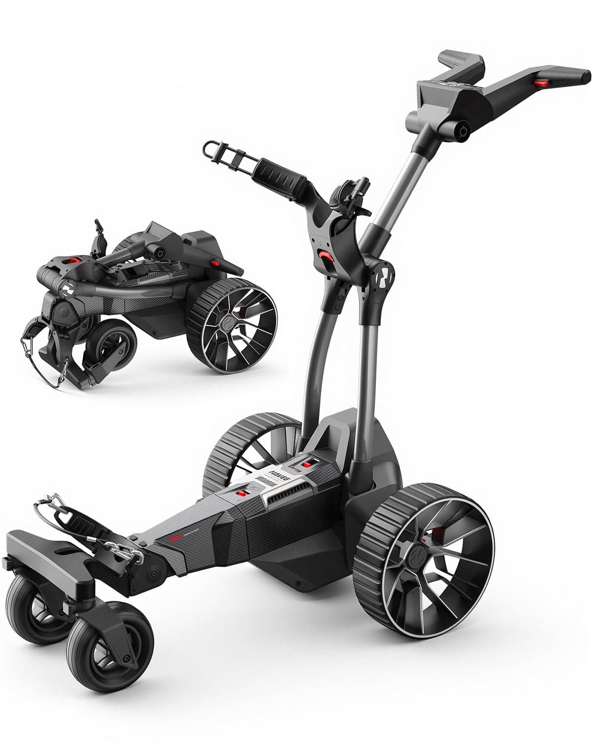NAVEE Birdie 3 Série Chariot de Golf Électrique Télécommandé - Suivi Automatique Follow-Me UWB, App, Autonomie 36 Trous, Double Moteur 240W*2, Pliage 0,15m³, 4+1 Roues Tout-Terrain, Écran HD LED