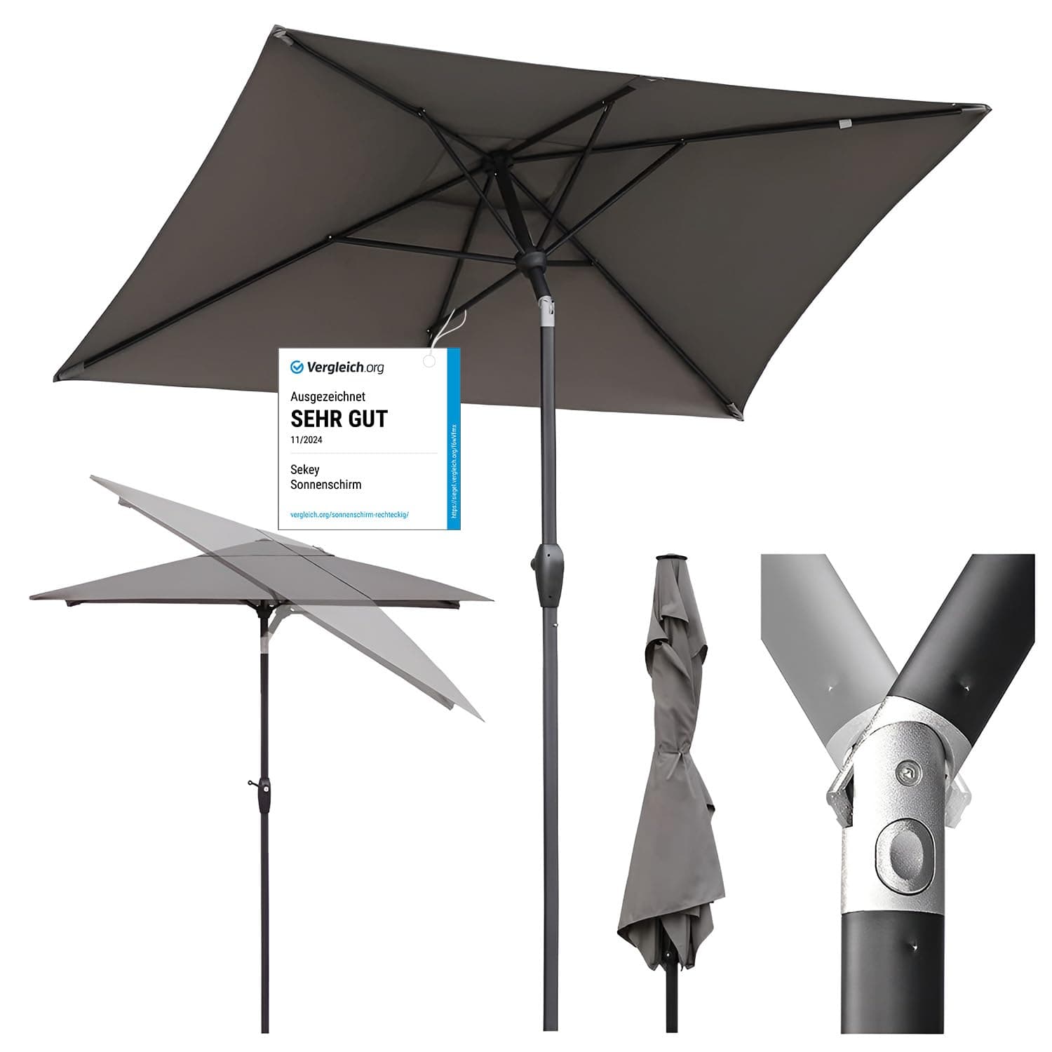 Sekey Parasol Aluminium Rectangulaire 210x140 cm pour Balcon, Jardin & Terrasse - Protection UV 50+ e, Ventilation et Matériau Recyclé (Certifié GRS)