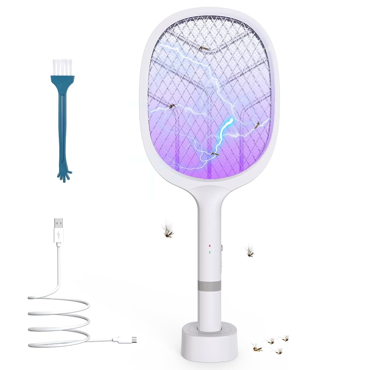 Raquette Electrique Insectes 4800V, Raquette Anti Moustique Électrique 2 en 1 avec Lumière UV, Rechargeable USB-C 2000mAh, Tapette Électrique Anti Mouches pour Maison Chambre Camping