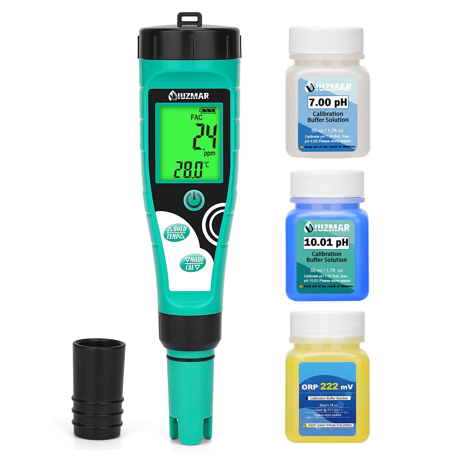 UIUZMAR Medidor de pH y Cloro para Piscinas, Digital Medidor de pH y Salinidad para Piscinas de Agua Salada, 7 en 1 FAC/pH/Sal/ORP/TDS/EC/Temp comprobador con Solución de Calibración para Spas