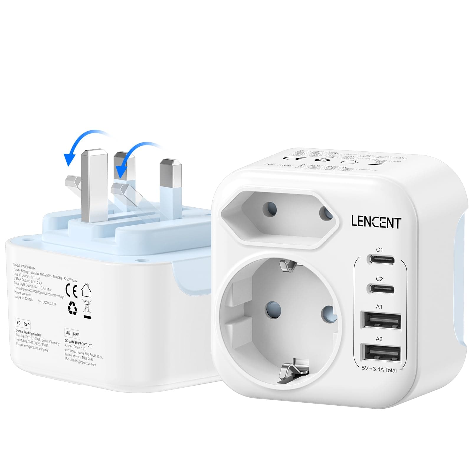LENCENT Adaptador Enchufe Reino Unido, Cargador Inglaterra Viaje con 2 USB-C y 2 USB-A, Adaptador Europa Portugal a UK Compacto Plegable para Escocia, Irlanda, Gales, Maldivas, Gran Bretaña, Tipo G