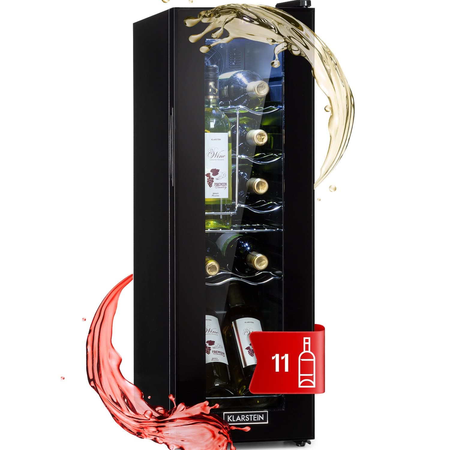 KLARSTEIN Shiraz Cave à Vin Noir – 12 Bouteilles, 32 L, 1 Zone | Réfrigérateur à Vin Pose Libre, Porte Vitrée, Silencieux, 5–18 °C, LED, Cadre Inox