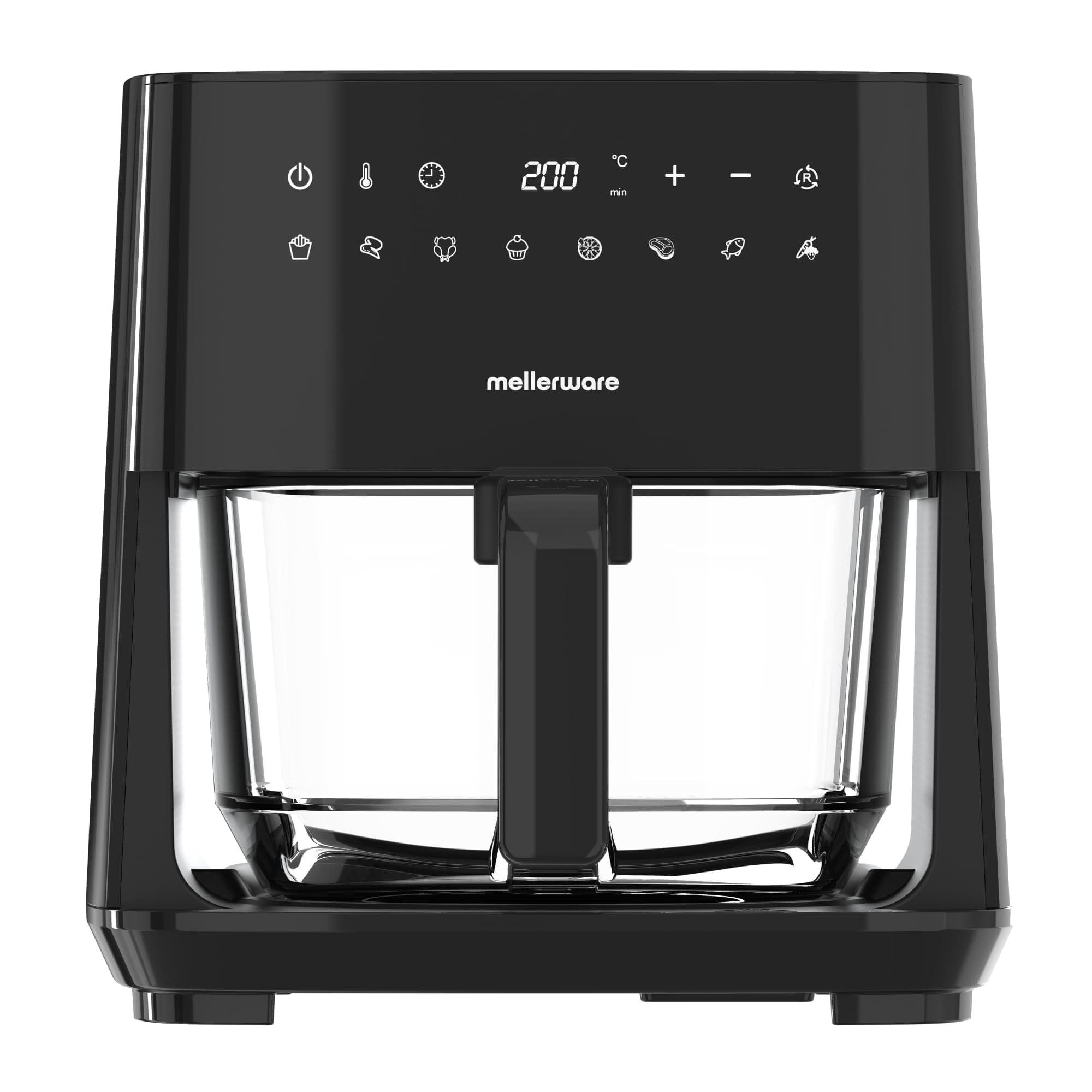 MELLERWARE - Freidora de Aire Crunchy Glass 1450W | Cestillo Cristal 4,5L | 9 Programas + Precalentar | Pantalla Táctil | Temp 80-200ºC | Temporizador 60 min | Apta Lavavajillas