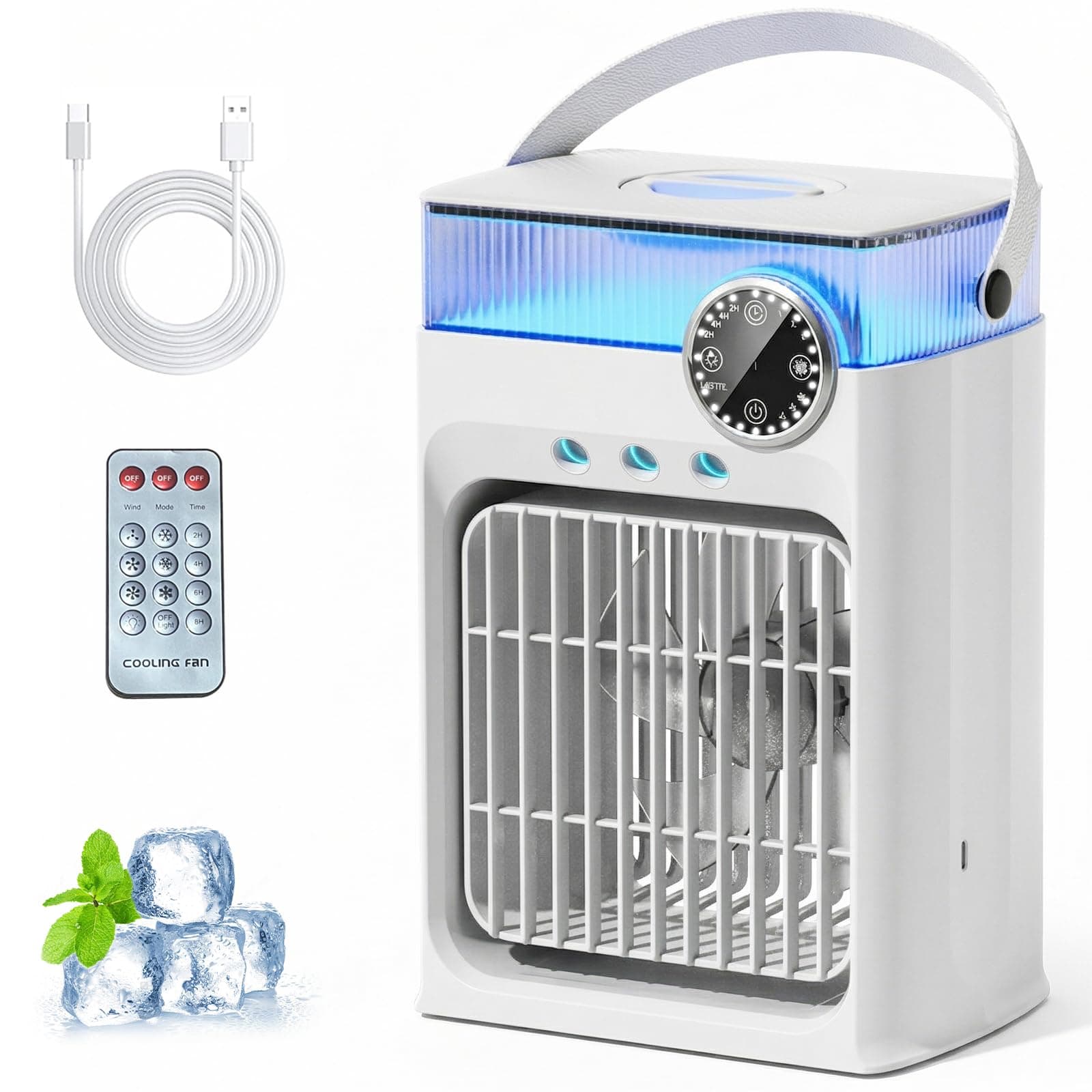 YFFU Climatiseur Mobile avec Télécommandé,1200ml Rafraîchisseur d’Air RGB 8 Couleurs,3 Vitesses,3 Modes de Brume, Minuterie 2-8h, Mini Clim Portative pour Pièce et Extérieur,Nuage Blanc
